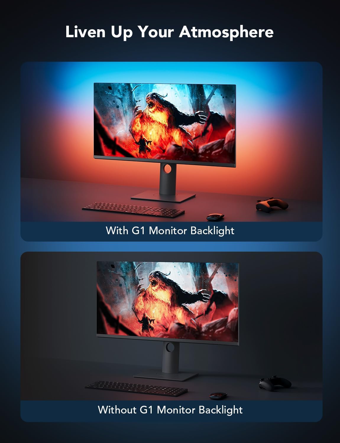 Govee Gaming Light for Monitor G1, RGBIC LED Backlight for 27-34 Inch PC | Smart LED Lights for Monitors with Color Matching, Adapts to Curved Monitors, Double Strip Light Beads with 123 Scene Modes