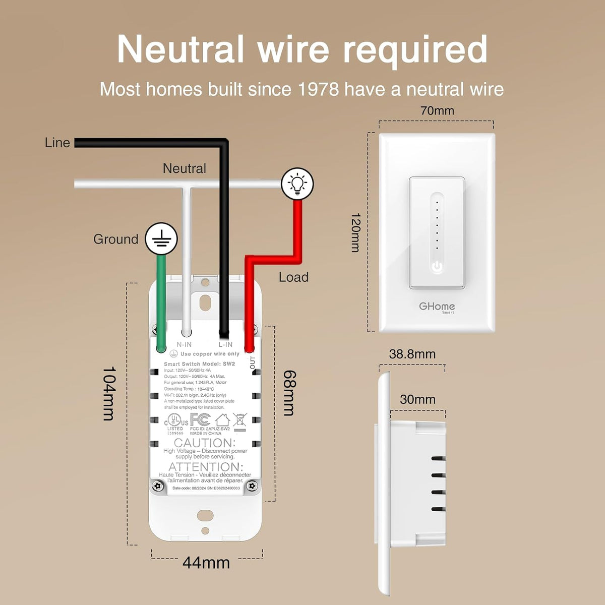 GHome Smart Dimmer Switch, Single Pole, 2.4GHz WiFi Dimmer Light Switch Works with Alexa and Google Home, Voice & APP Remote Control | Timer & Schedule | UL FCC Certified, Neutral Wire Required, 3 PCS