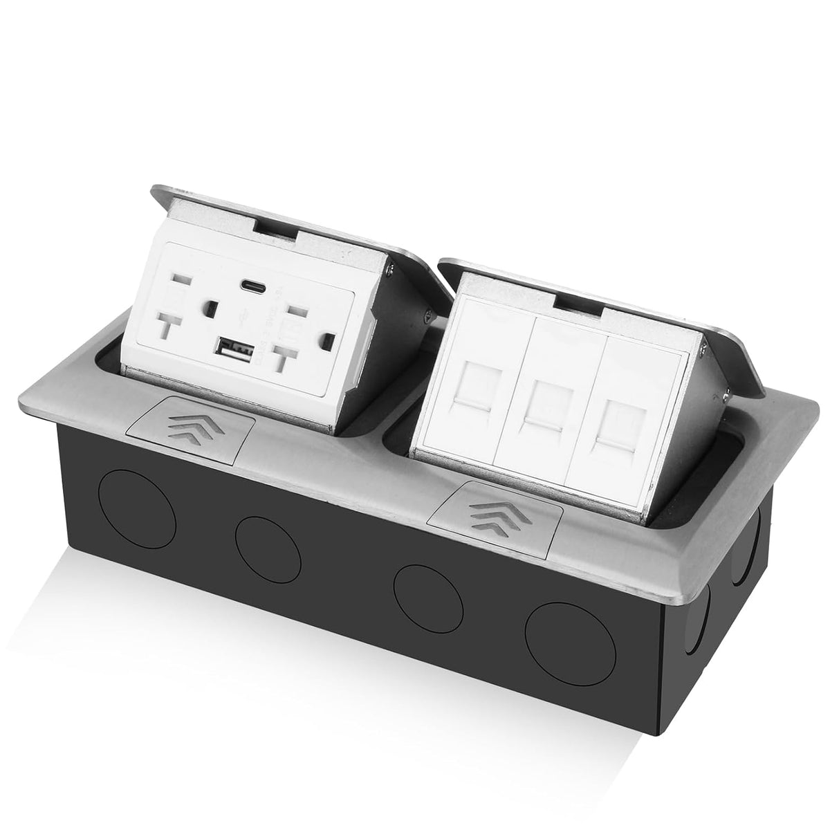 Dual Pop-Up Floor Electrical Outlet Box Kit,20 Amp Stainless Steel GFCI TR Receptacle Outlet,3-Port RJ45 Datacom Receptacle,Waterproof Gasket with IP44 Waterproof Rating, Stainless Steel Color