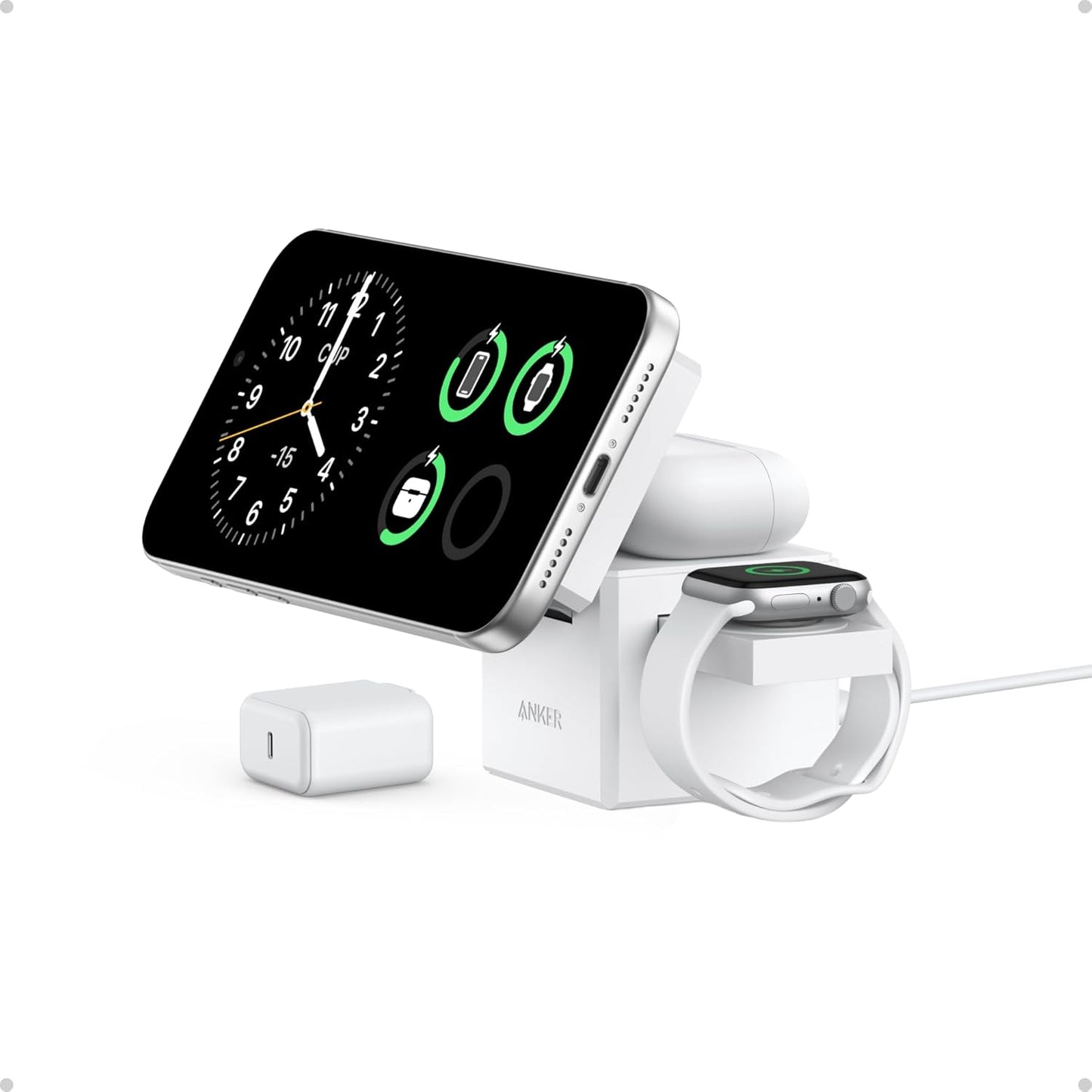 Anker 3-in-1 Cube MagSafe Compatible 15W Foldable Charging Station | Wireless Charger, Compact Desktop Stand for iPhone 17 / 16 Series, Apple Watch, and AirPods (Adapter Included, Non-Battery)