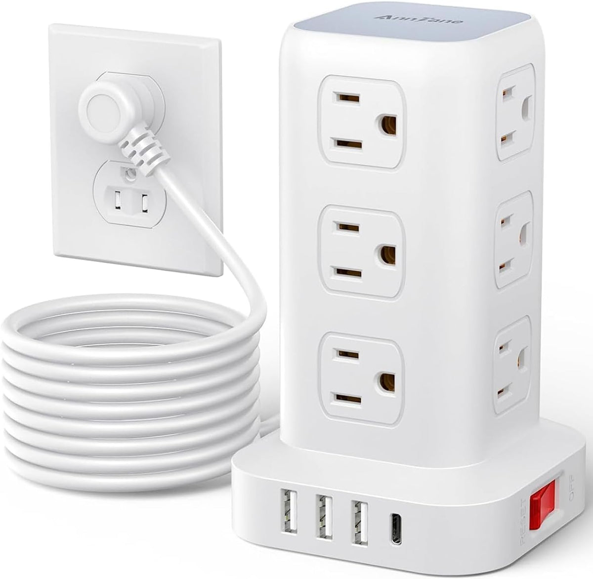 AnnTane Power Strip 10 FT Cord, Power Strip Tower with 4 USB Ports (1USB C), Extension Cord with 12 AC Multiple Outlets, Home Office Supplies Desk Accessories, Dorm Room Essentials