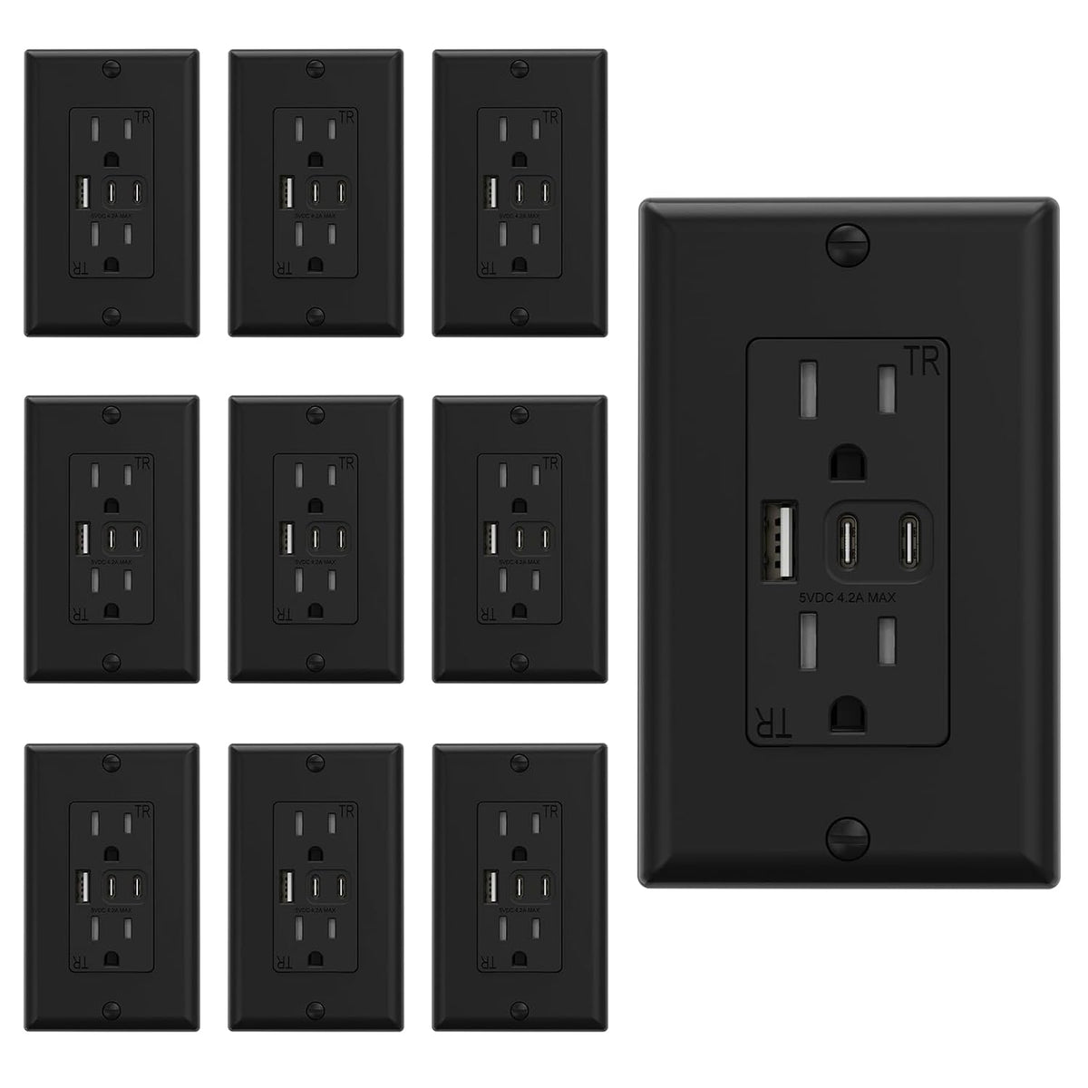 ELEGRP USB Outlets, 20 Amp Wall Outlet with 3 USB Ports, Dual USB C Ports Outlets, TR Tamper-Resistant USB Outlets Receptacles, Wall Plate Included, UL/CUL Listed, 2 Pack, Black