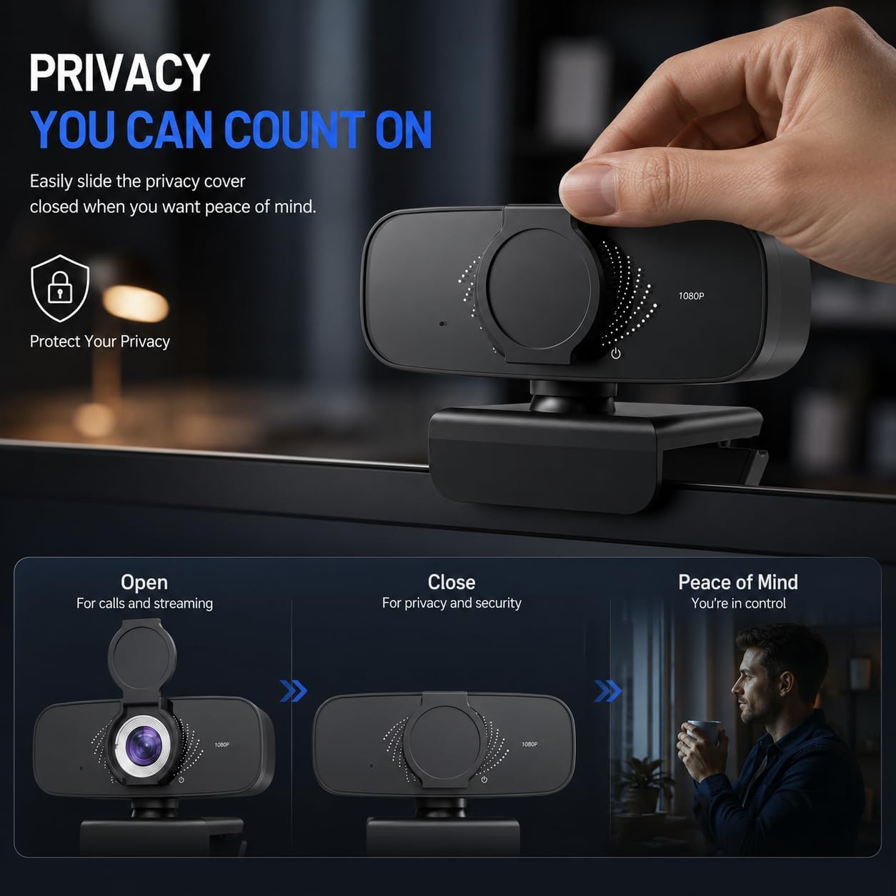 1080P Webcam with Microphone, Privacy Cover & USB-C Adapter | 105° FOV, Fixed Focus, Auto Light Correction, Plug & Play USB-A Camera with Tripod for Zoom, Teams, FaceTime and YouTube