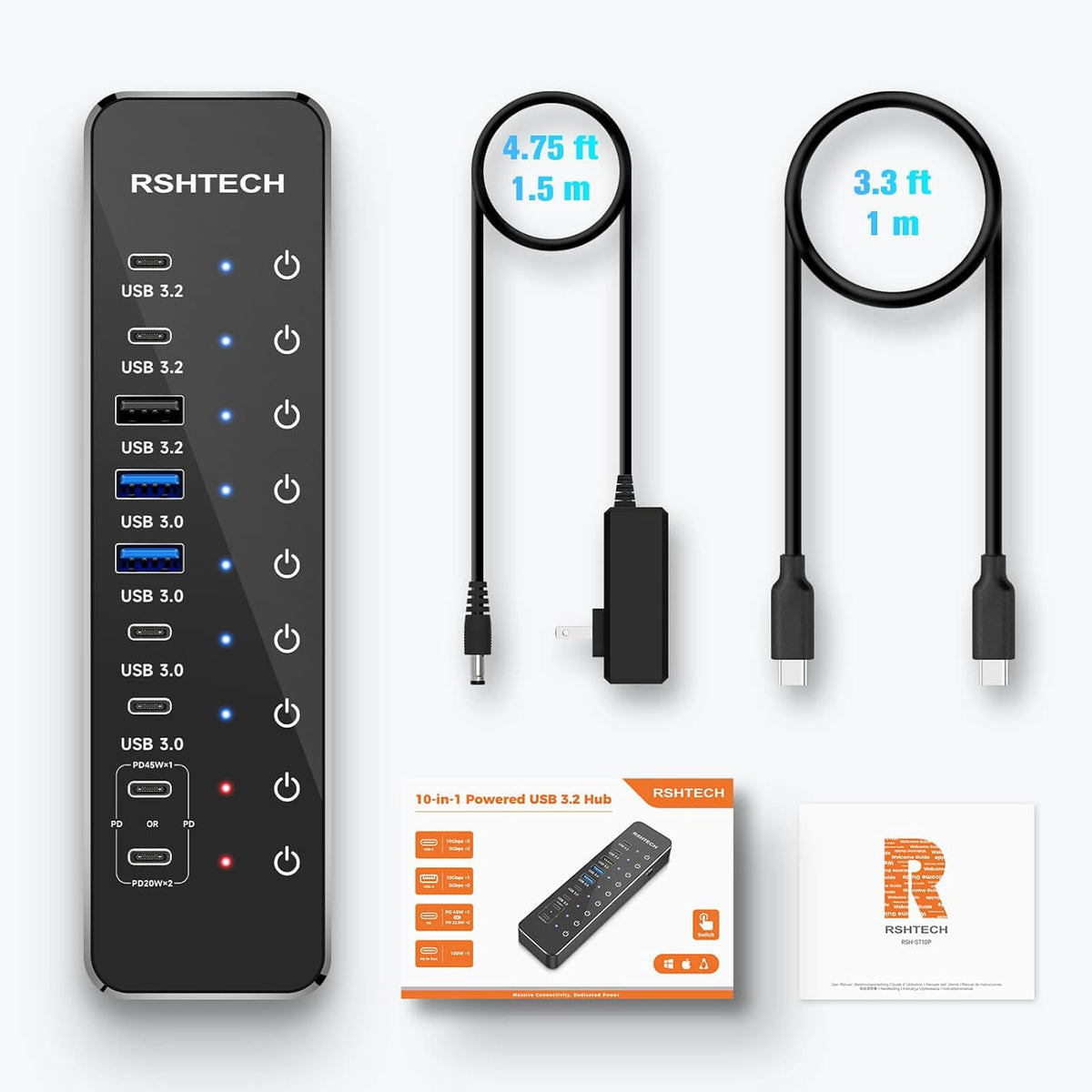RSHTECH 10-Port 66W Powered USB C/USB 3.2 Hub 10Gbps for Data & PD Charging