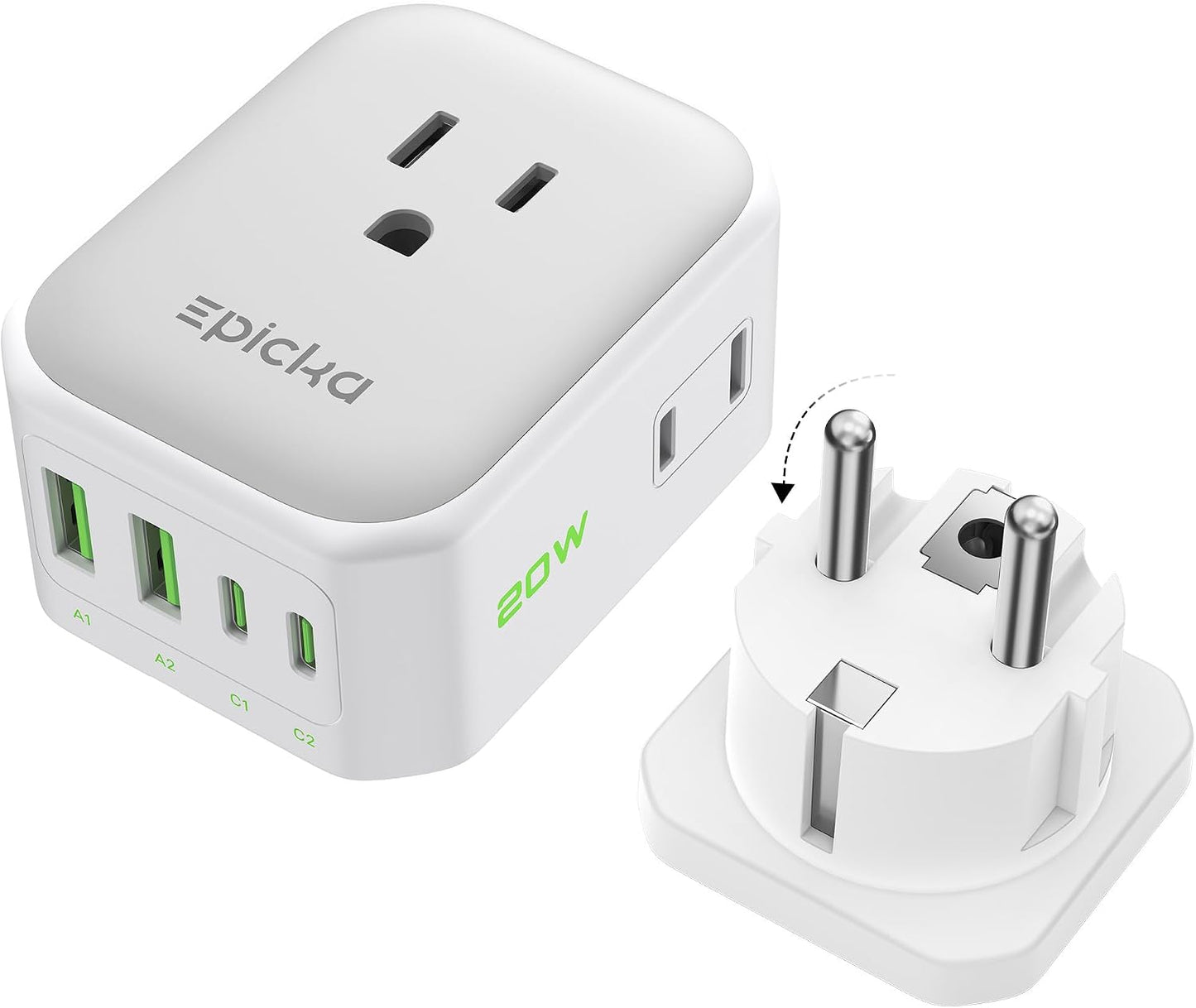 EPICKA Thailand Travel Plug Adapter, Foldable & Detachable Type O (Thailand) VisaPlug, 8-in-1 International Power Adapter with 4 USB Ports (2 USB-C PD 20W), Cruise Approved, US to Thailand, White
