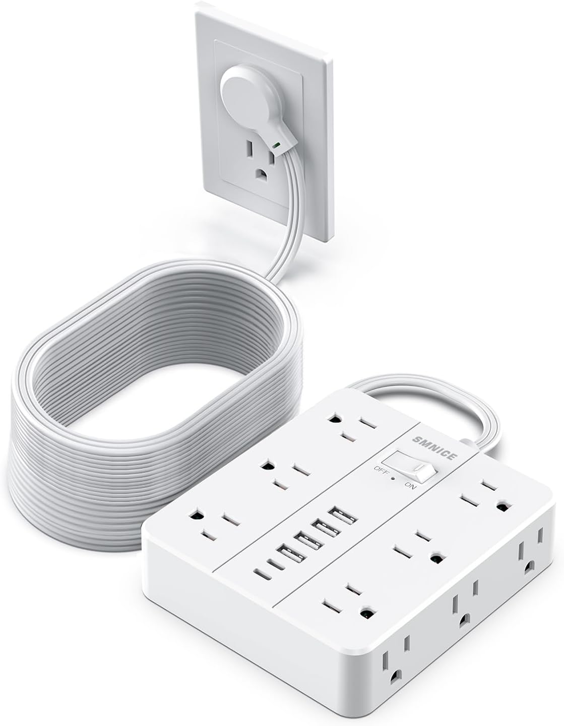 Power Strip 15 Ft Extension Cord, 12 Widely Spaced Outlets 6 USB (2 USB C) Ports, Ultra Thin Flat Plug Power Strip for Home, Office, Dorm Room Essentials