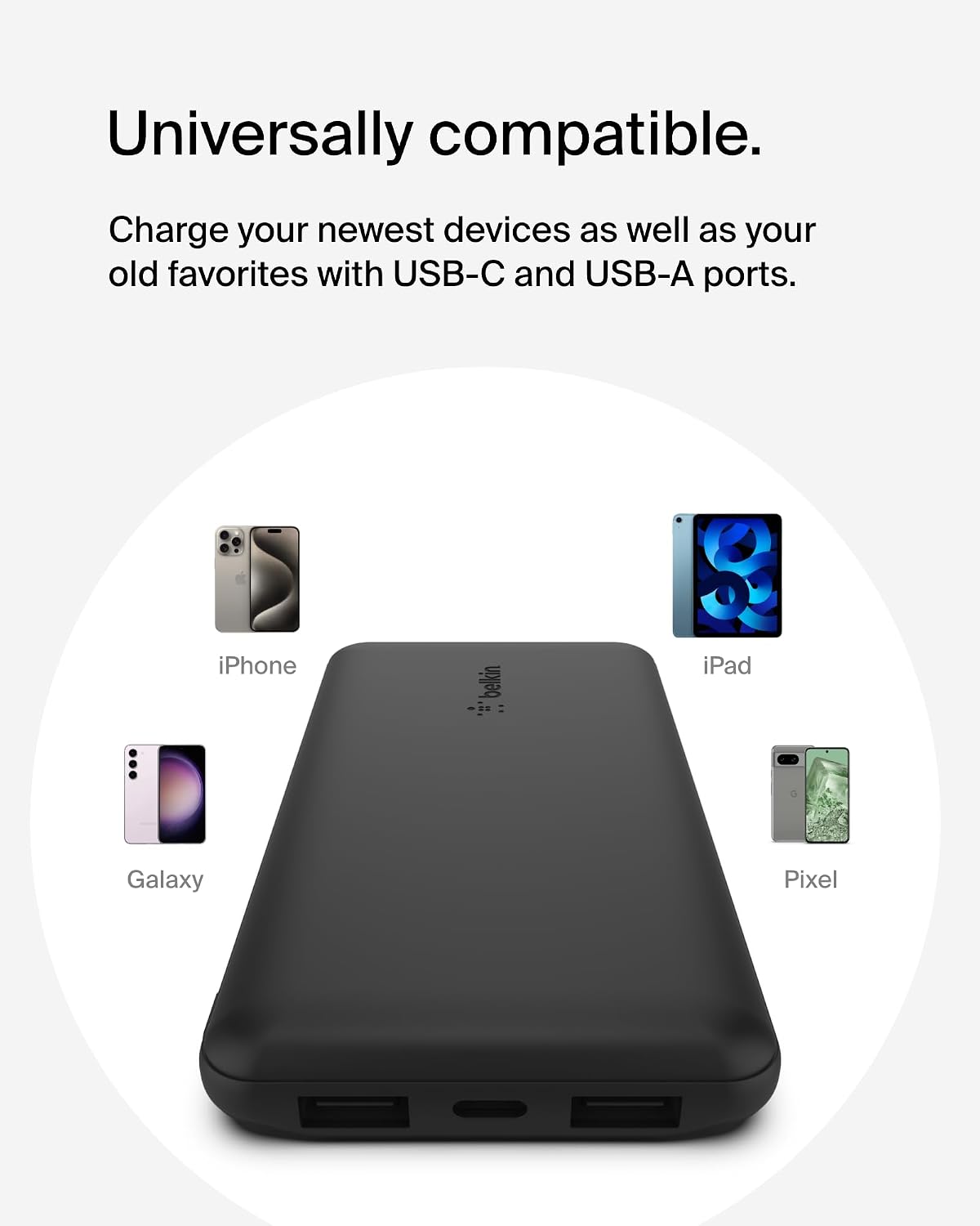 Belkin 10000mAh 15W 3 Port Power Bank, USB A to USB C Cable Included | Fast Charging, iPhone 17, Samsung Galaxy, Pixel, Airpods, iPad, Nintendo Switch 2, Battery Pack, USB C Port, USB A Port