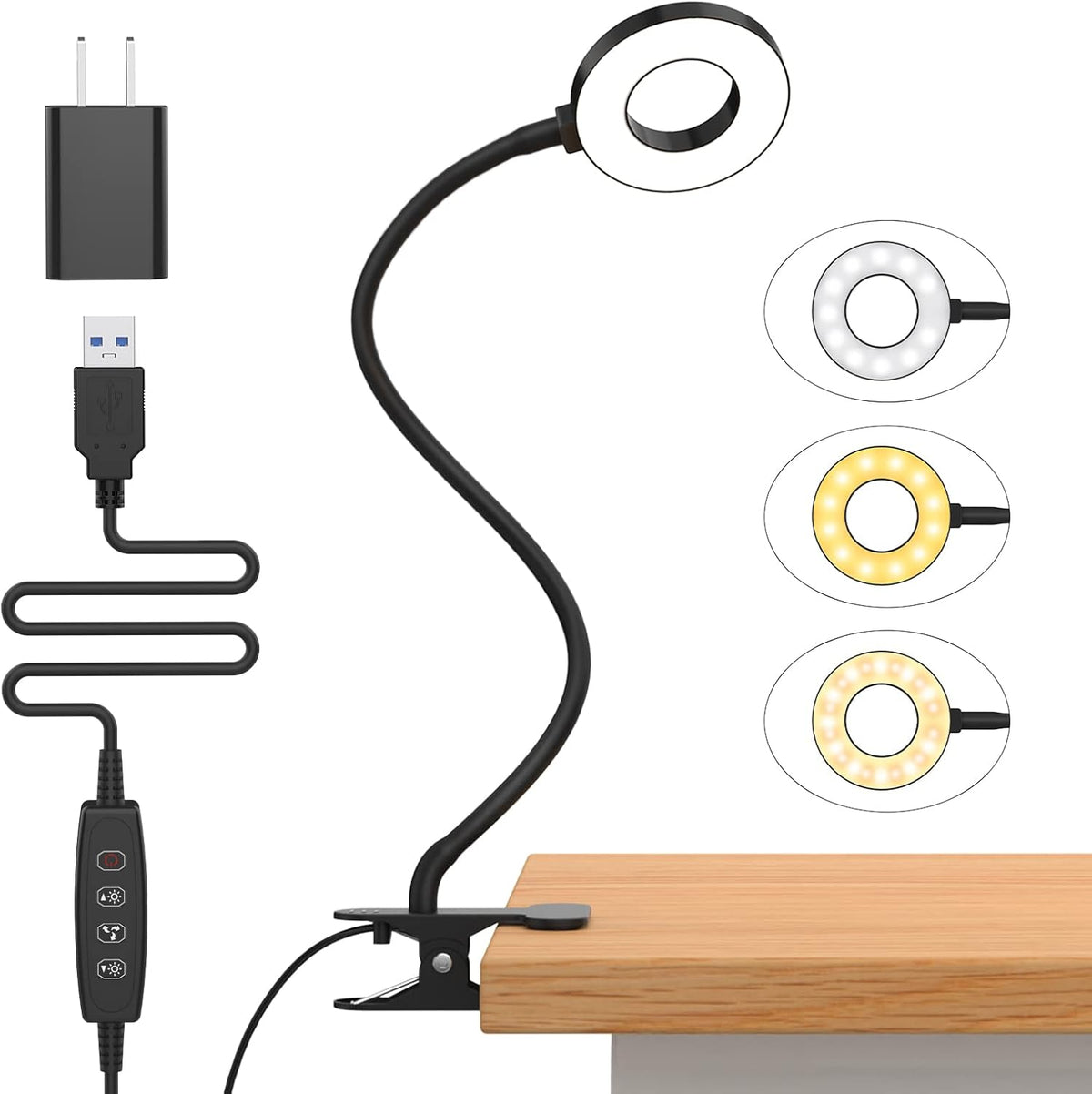 iZELL Reading Light, USB Clamp Lamp for Child Reading Book in Bed at Night, LED Small Desk Lamp with Silicone Adjustable Arm Clip on Beside Table for Studying Working Drafting Sewing - 15.8‘’ White