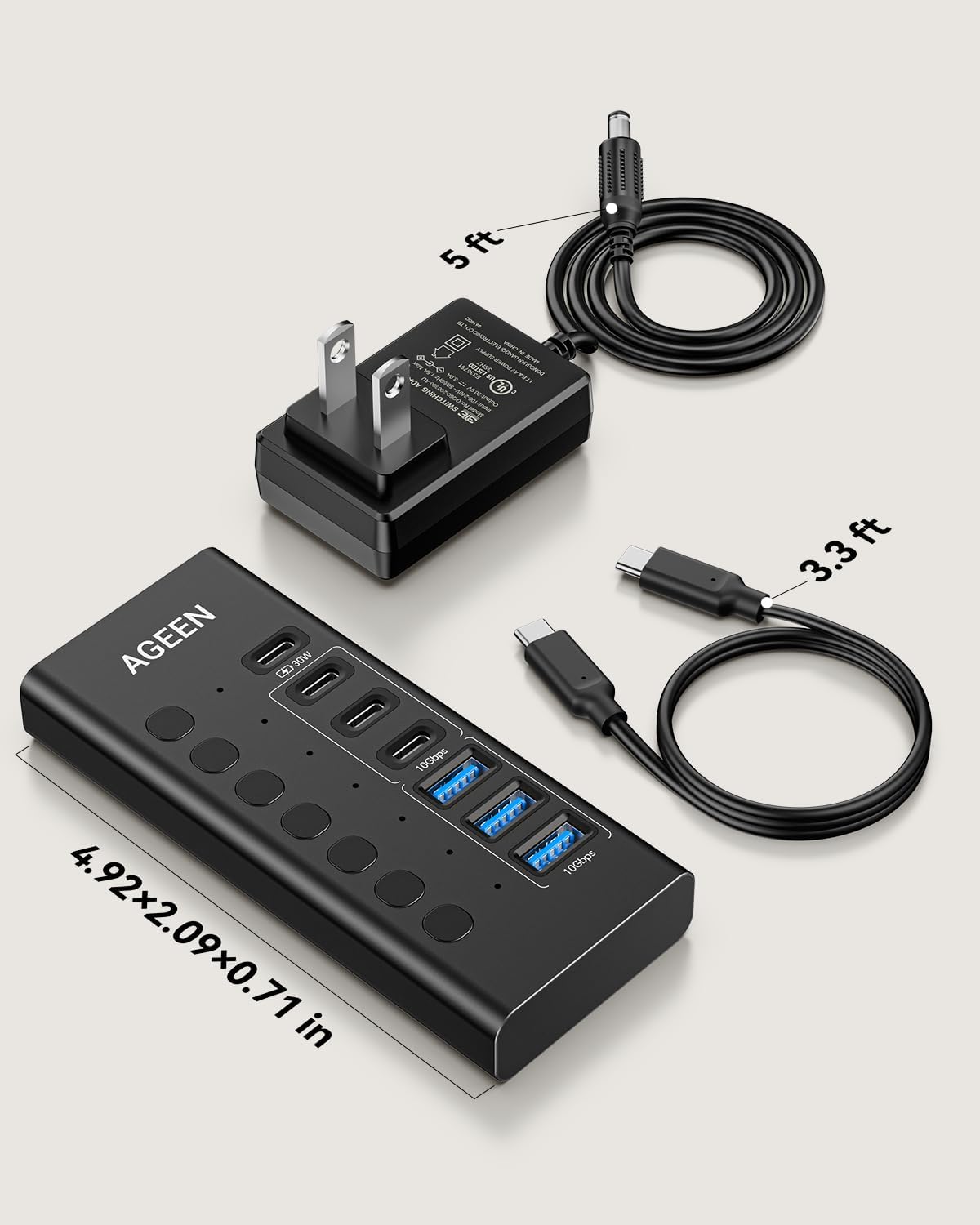 AGEEN USB C Hub, 7-Port 10Gbps Powered USB Hub, USB Splitter with 3 USB-A 3.2 and 3 USB-C 3.2 Ports, PD 30W Charging Port, 60W Power Adapter for PC, Laptop, MacBook, iPad, iPhone, Flash Drive