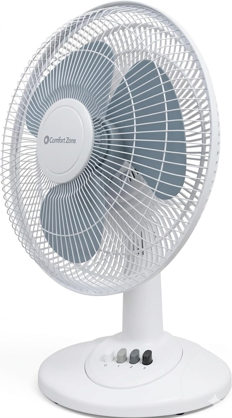 Comfort Zone Oscillating Table Fan with Adjustable Tilt, Convenient Push Button Controls, Quiet, 12 inch, 3 Speed, Desk Fan, Airflow 7.25 ft/sec, Ideal for Home, Bedroom, Dorm & Office, CZ121BK