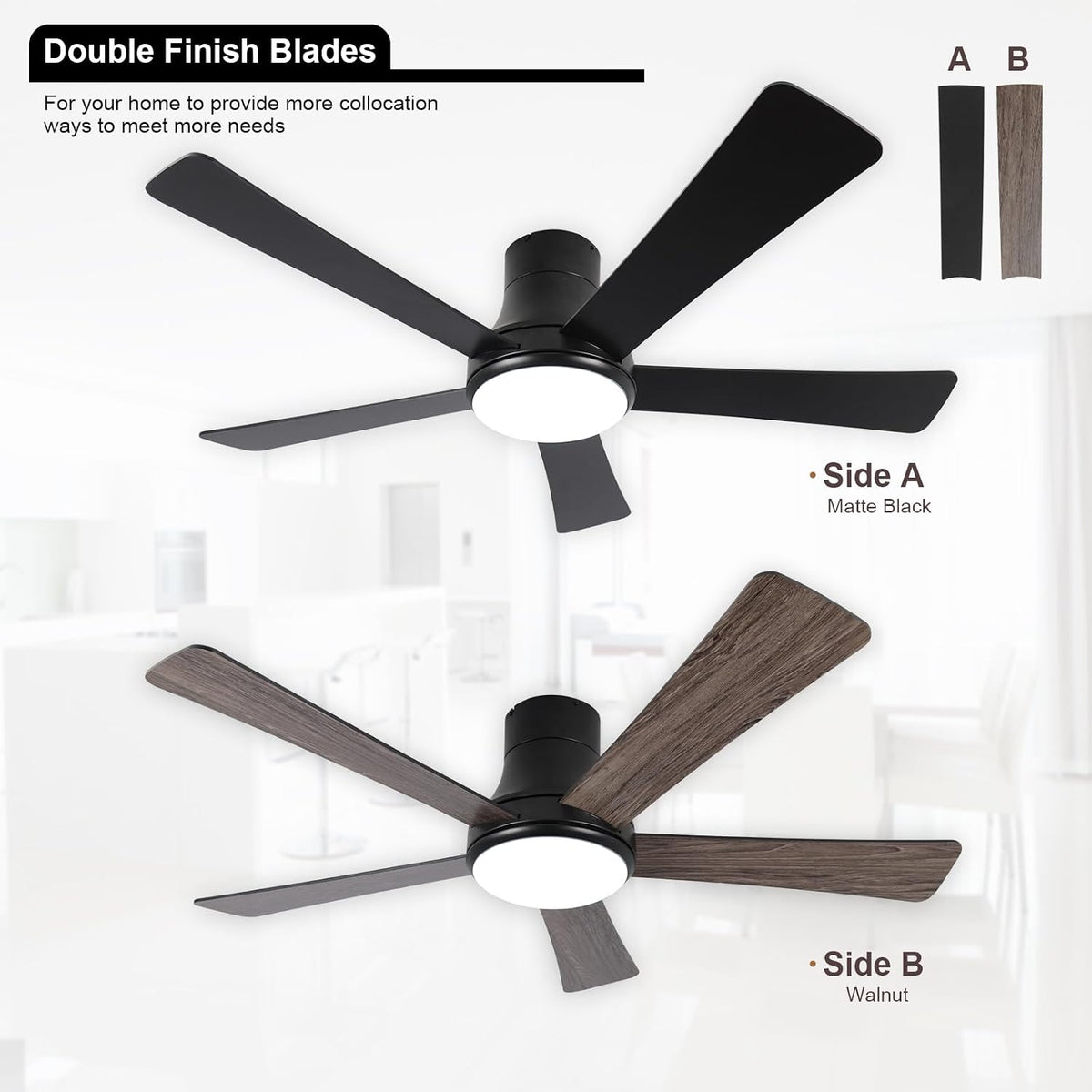 52 Inch Ceiling Fans with Lights and Remote, Flush Mount Black Ceiling Fan