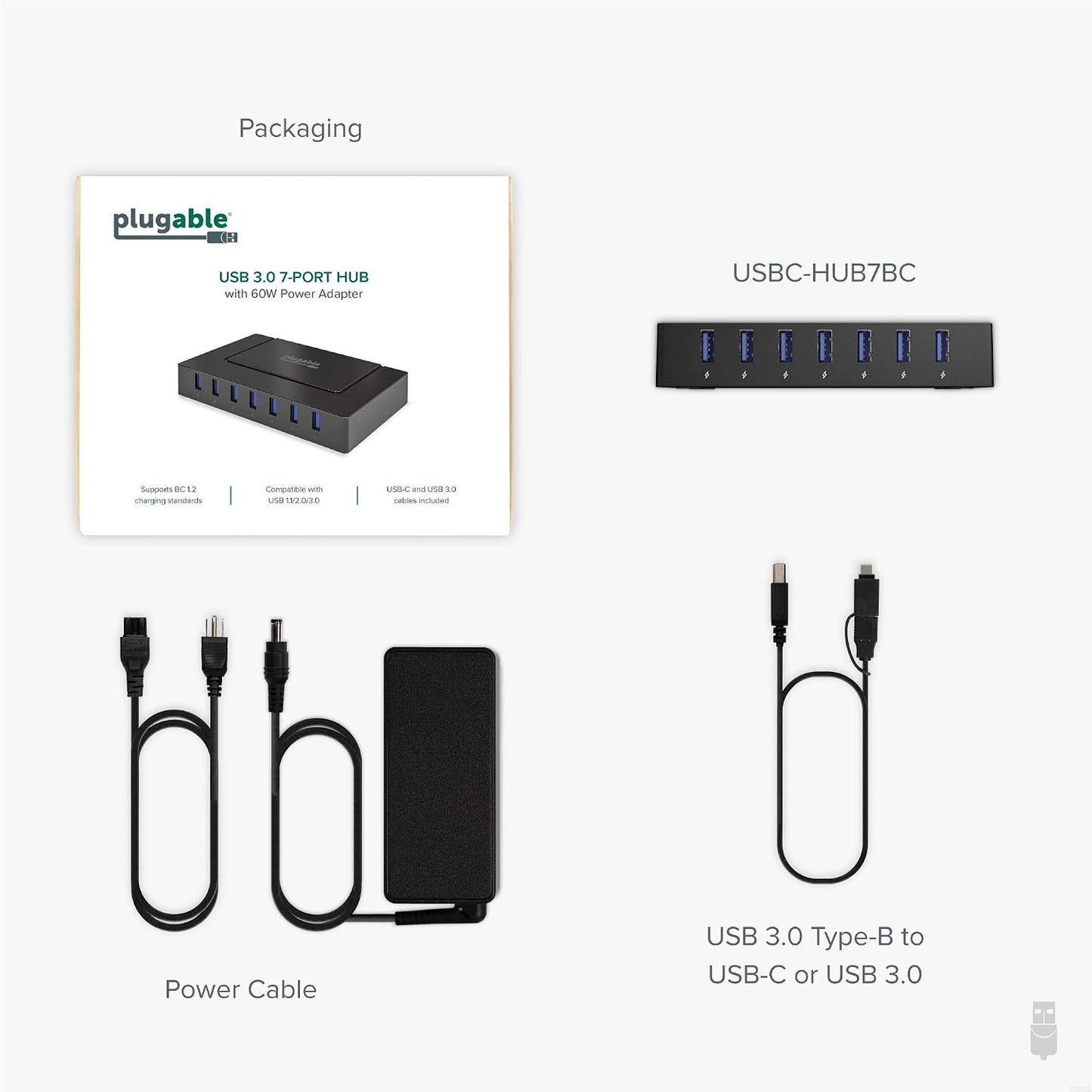Plugable 7-in-1 USB Powered Hub for Laptops with USB-C or USB 3.0 - Power Station for Multiple Devices and Data Transfer with a 60W Power Adapter, Driverless