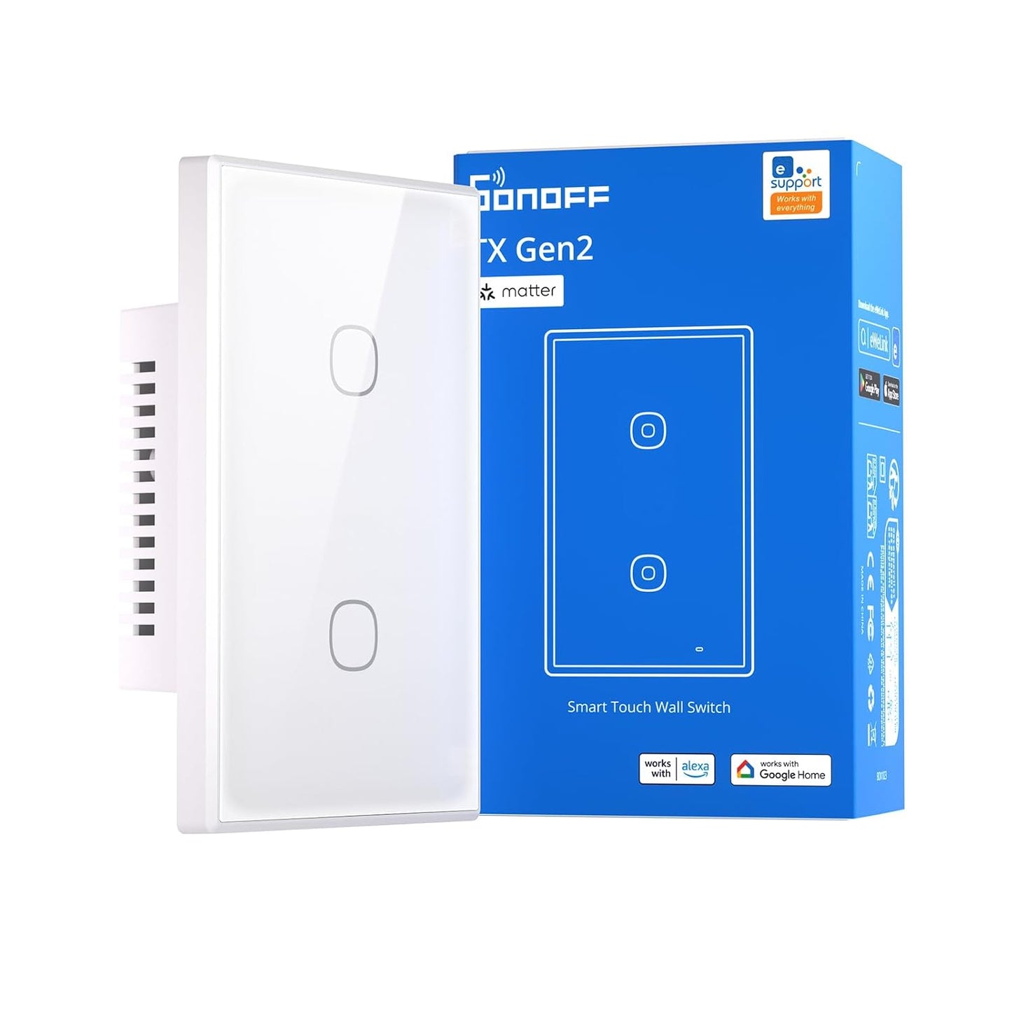 SONOFF TX Gen2 Smart Wall Touch Switch, 3-Channel 120-Type Design, Wi-Fi for eWeLink Automation, Matter Enabled, Works with Apple Home/Google Home/Amazon Alexa - T6-3C-120M
