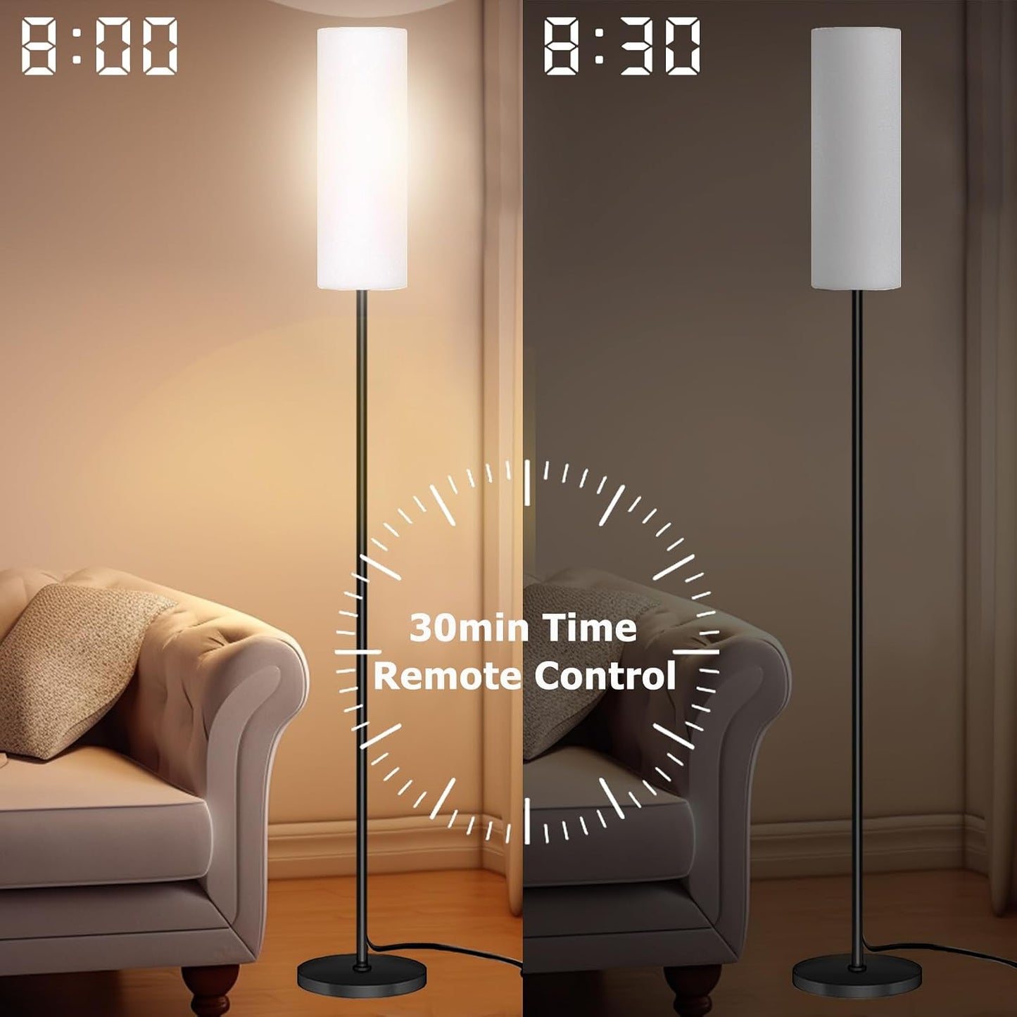 Qaubauyt Smart LED Floor Lamp with APP Control & RGB Colors - Dimmable Standing Lamp for Living Room, Bedroom, Gaming - Remote, Timer, 9W Bulb Included, 67" Modern Tall Lamp (black pole + white shade)