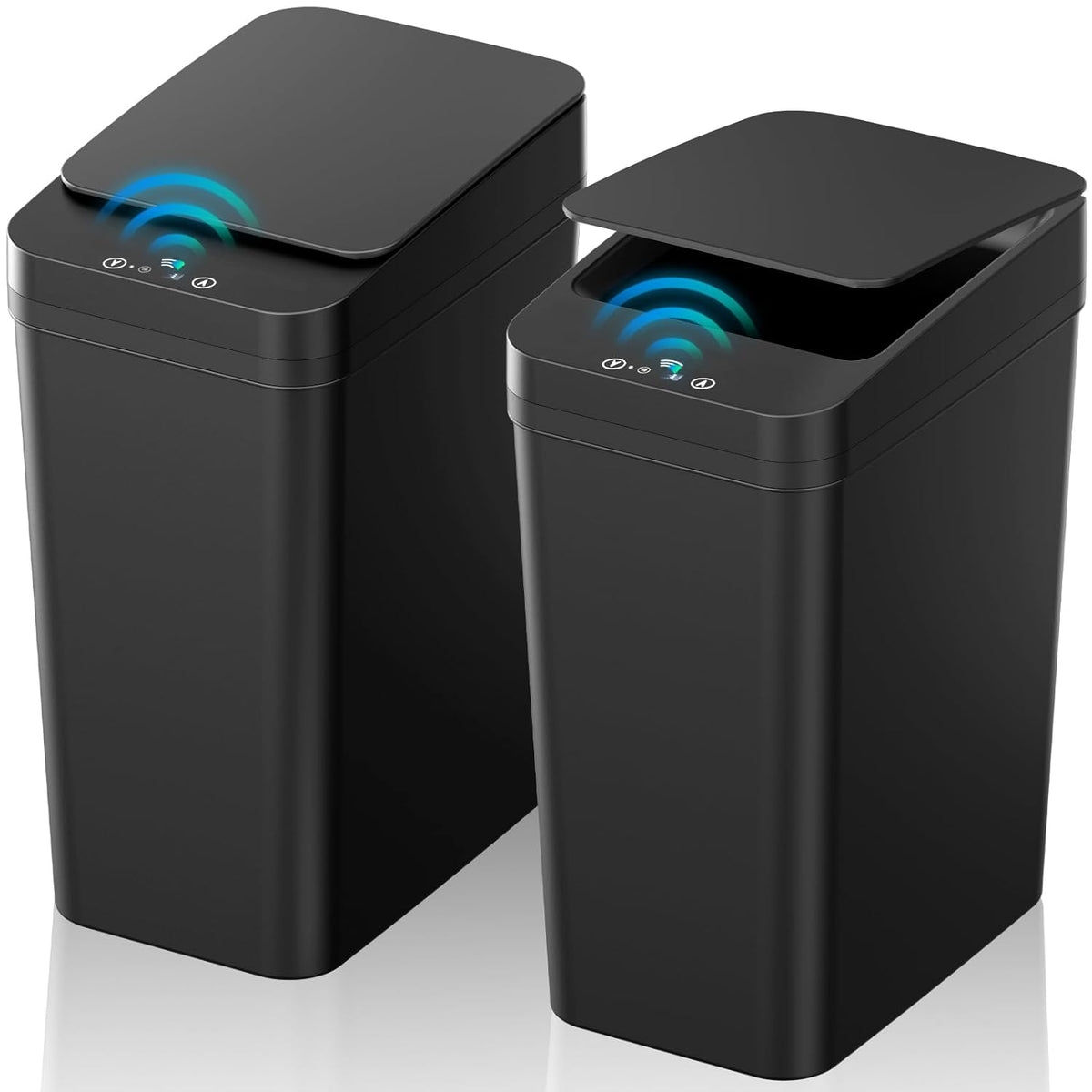 Bathroom Trash Can with Lid, 2 Pack 4 & 2.2 Gallon Automatic Touchless Garbage Can, Small Motion Sensor Smart Trash Can, Slim Waterproof Trash Bin for Bedroom, Bathroom, Office, Living Room (Black)