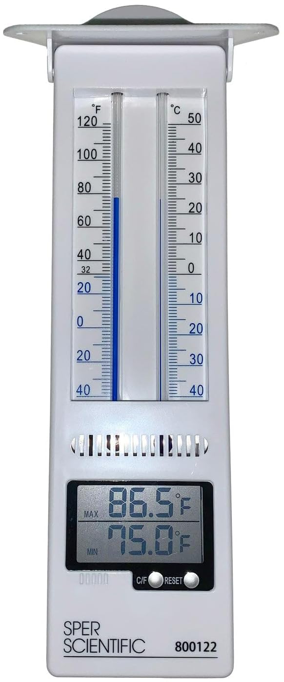 Sper Scientific Analog & Digital Min/Max Thermometer 800122 - Accurate Temperature Tracking, Weather-Resistant Design, Dual Display for Indoor & Outdoor Use, Ideal for Greenhouses, Labs & More - 2 pc