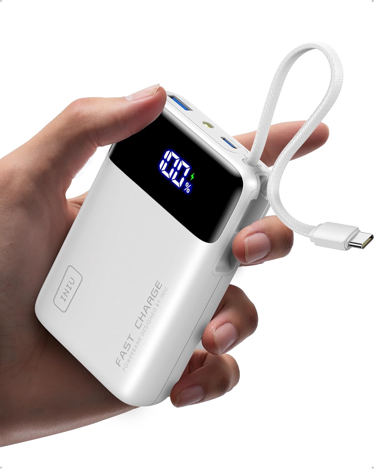 INIU 20000mAh Portable Charger, Smaller 45W Fast Charging Travel Power Bank | Flight-Safe, Built in USB-C Cable, Travel Essential, Battery Phone Pack for iPhone 17 16 Pro, Samsung S26, iPad etc