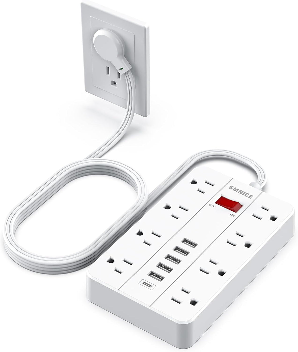 Flat Extension Cord 15 Ft,SMNICE Power Strip with Widely Spaced Outlet