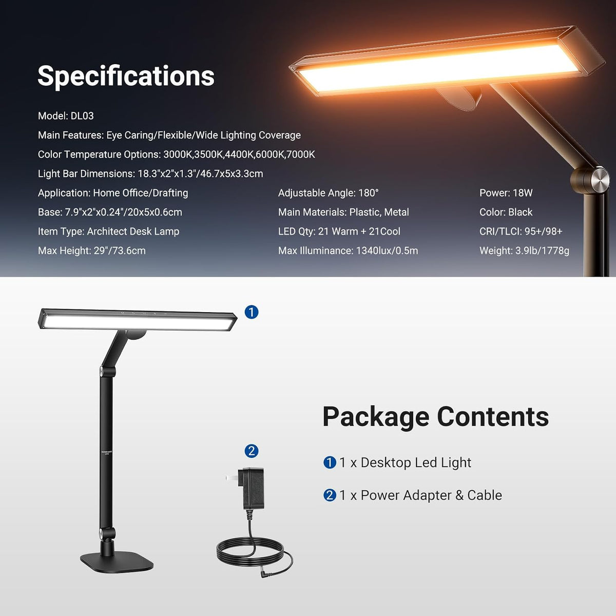 NEEWRE Basics 18" LED Video Light Bar with Base for Desk, 18W Bi Color Eye Friendly Dimmable Overhead Architect Lighting for Video Conference Zoom, 1340lux/0.5m, Touch Control/CRI95+, DL03
