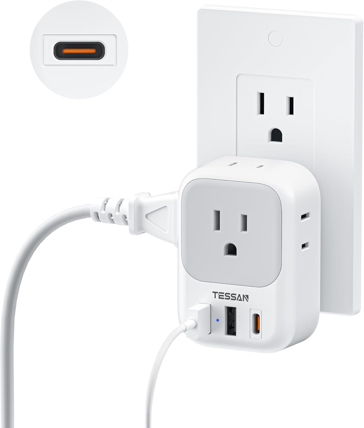 TESSAN USB C Charger Block 20W PD, Fast Charging Adapter with Foldable Plug | 1875W Power Outlet Extender(4 AC and 4 USB) for Cruise, Home, Office, Dorm Room Essentials, Grey