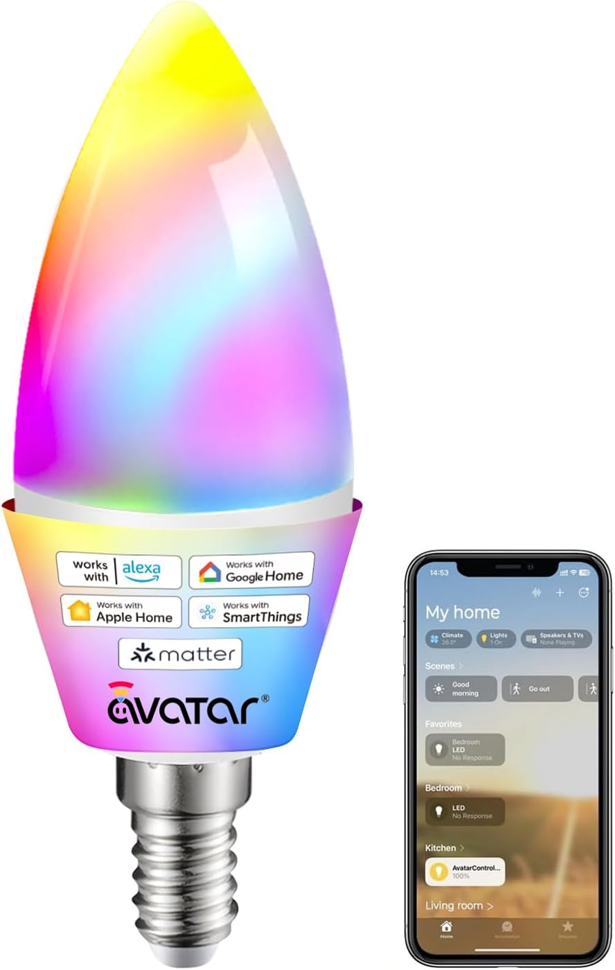 Matter E12 Candelabra Smart Bulb, No Dedicated App Needed, RGBCW WiFi