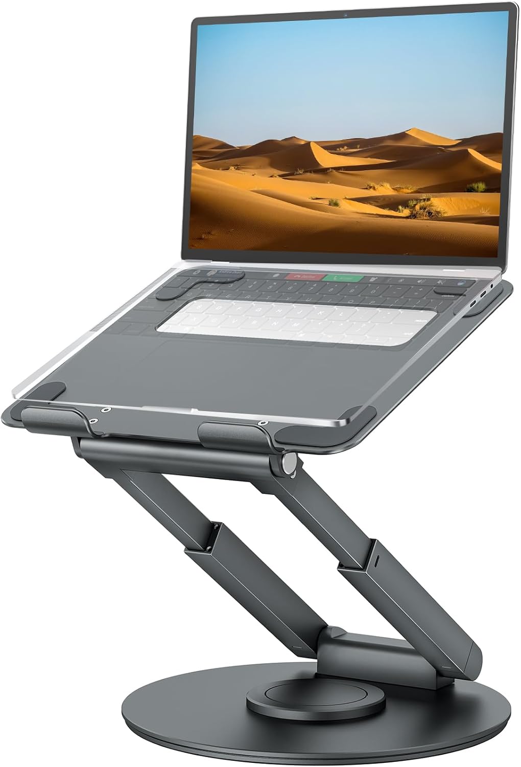 tounee Telescopic Laptop Stand for Desk with 360° Swivel Base, Sit to Stand, Height Adjustable, Portable Riser Holder for Good Posture, Compatible with MacBook Pro, All Laptops 10-17" - Black