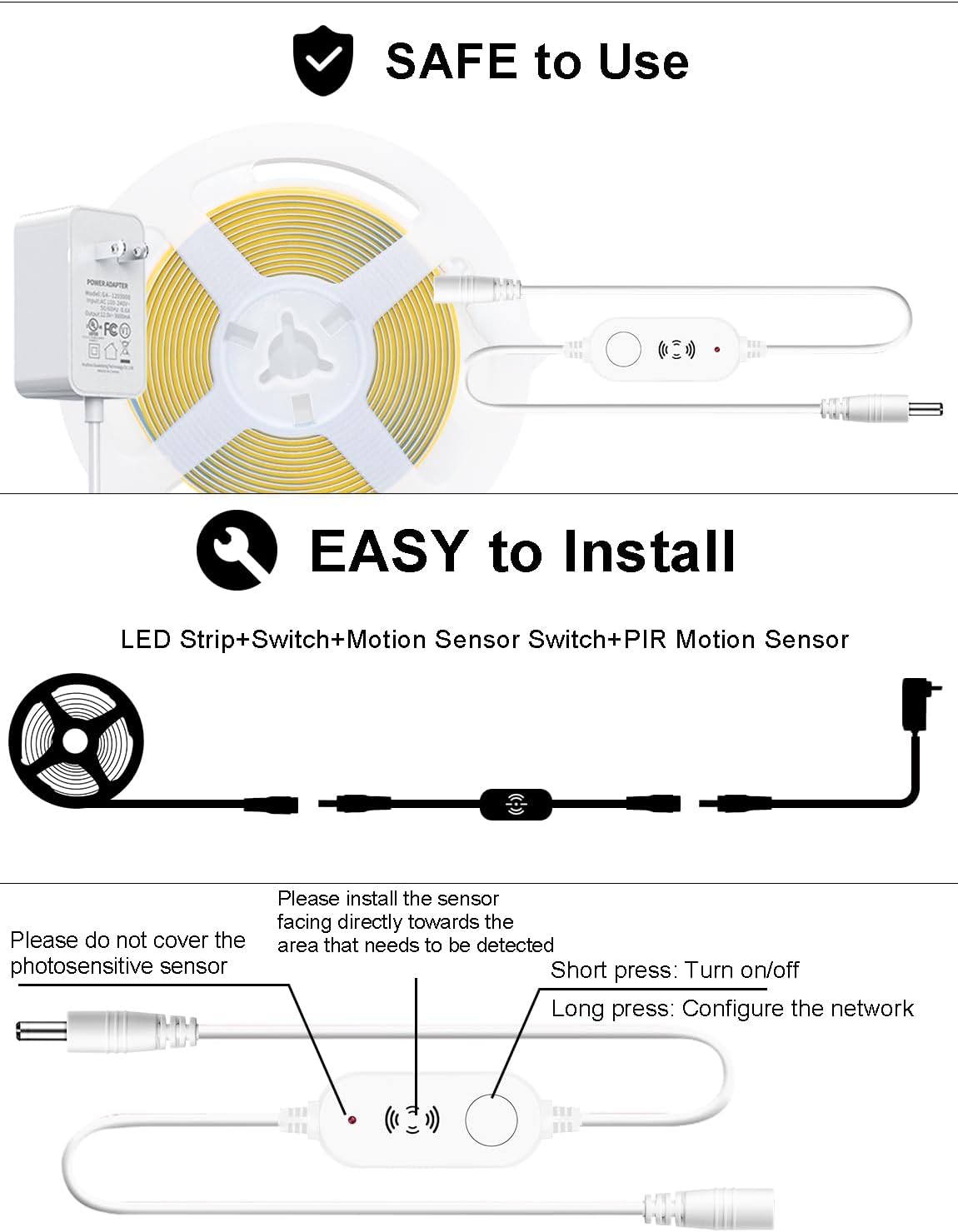 Cool White 6500K Smart COB LED Strip Light 9.85ft with Radar Motion Sensor, WiFi APP Control Dimmable Flexible LED Tape Light Timed for Google Home Alexa for Cabinets,Home&Office DIY Lighting