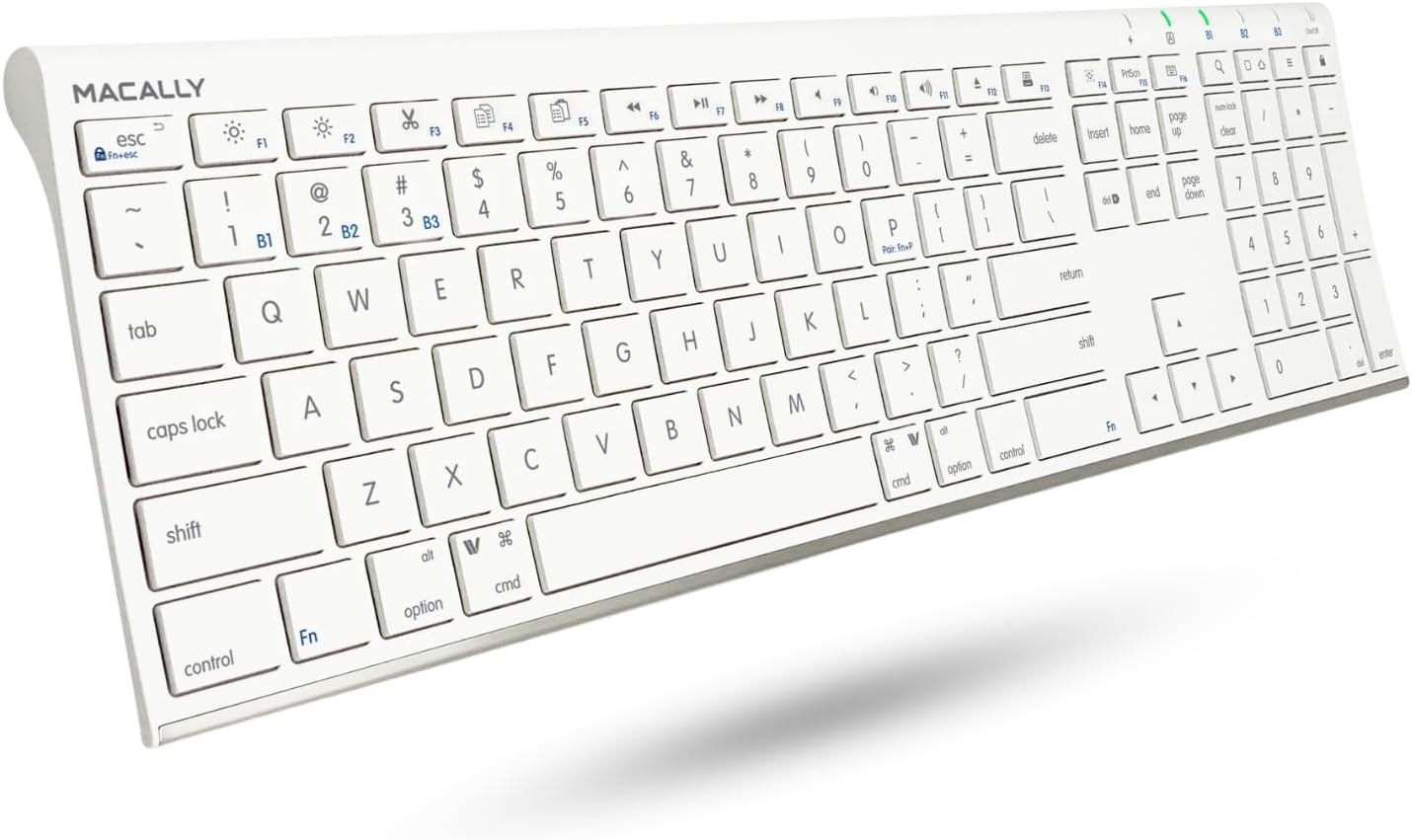 Macally Wireless Bluetooth Keyboard for Mac - Compatible Apple Keyboard or MacBook Pro/Air, iMac - Multi-Device, Up to 3 Devices with 110 Keys, 20 Shortcuts, Numeric Keypad, and Rechargeable - Silver