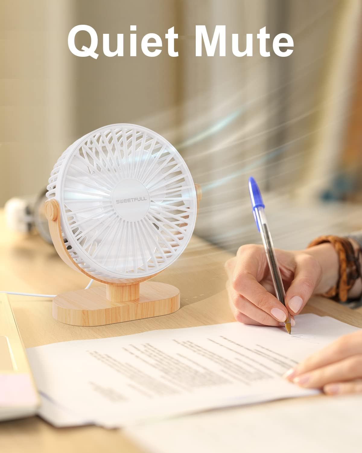 SWEETFULL Small USB Desk Fan, Desktop Table Fan, Quiet Office Mini - White | 6.5" Personal Fan; 3 Speeds; 360° Adjustable; 25dB; 10oz; USB Powered; Stable Base; Easy Cleaning-Home & Cooling; Retro Decor