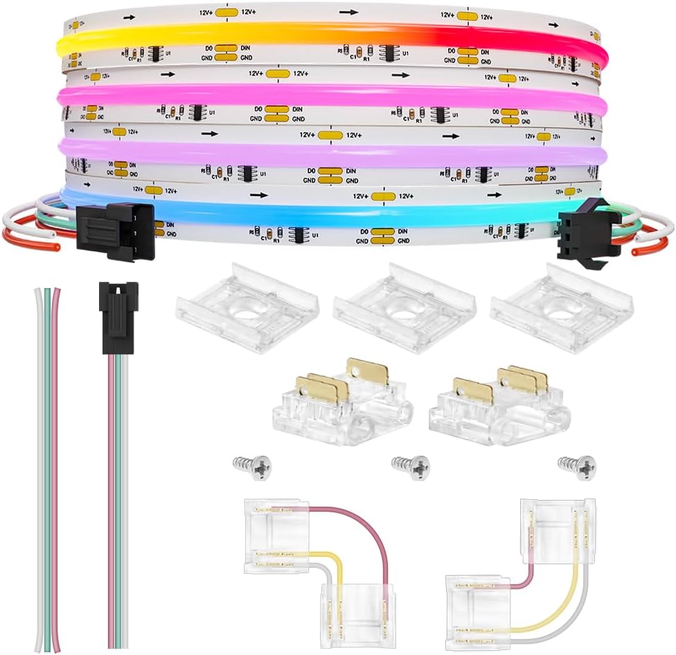 Smart WS2811 IC RGB COB LED Strip 16.4FT/5M, 720LED/m 20IC/M 12mm Width High Density Uniform Chasing Color Light DC12V White PCB Flexible Tape Light(No Adapter or Controller)