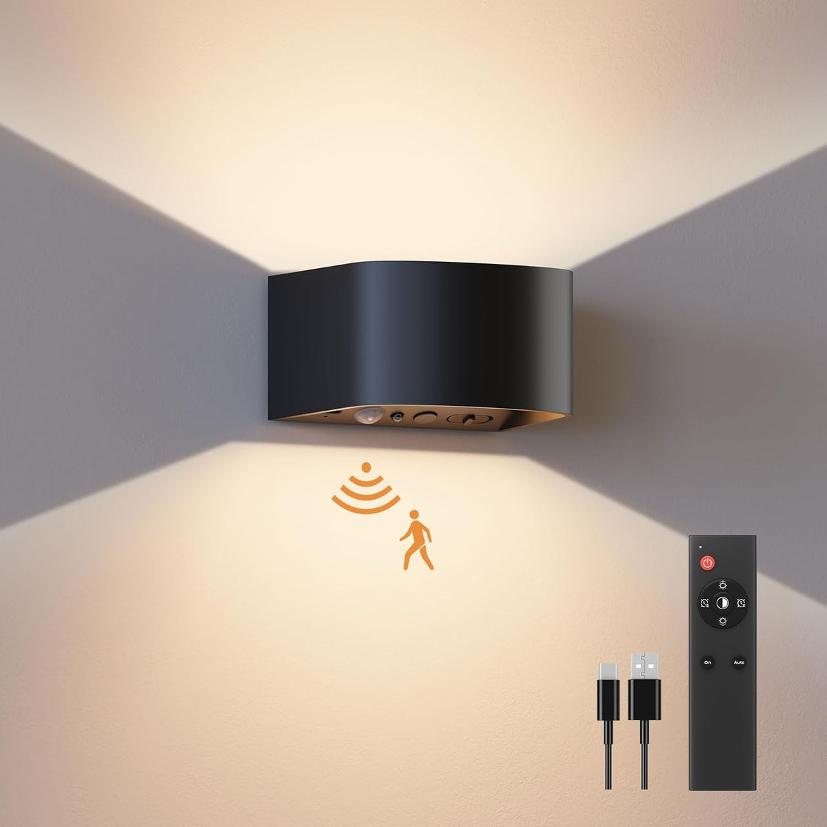 FULEN Motion Sensor Wall Light with Remote Control 3 Colors Wireless Wall Sconces LED Indoor Up and Down Wall Lamp 5000mAh Rechargeable Battery Powered Wall Lamps Brightness Adjustable, White 2 Pack