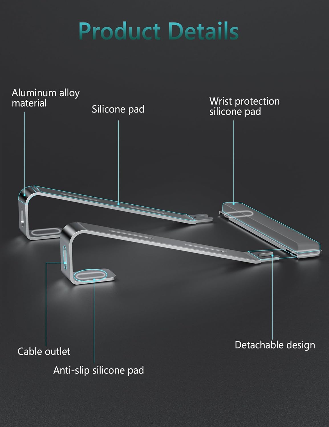 JCZT Aluminum Laptop Stand, Laptop Riser with Wrist Rest, Silver