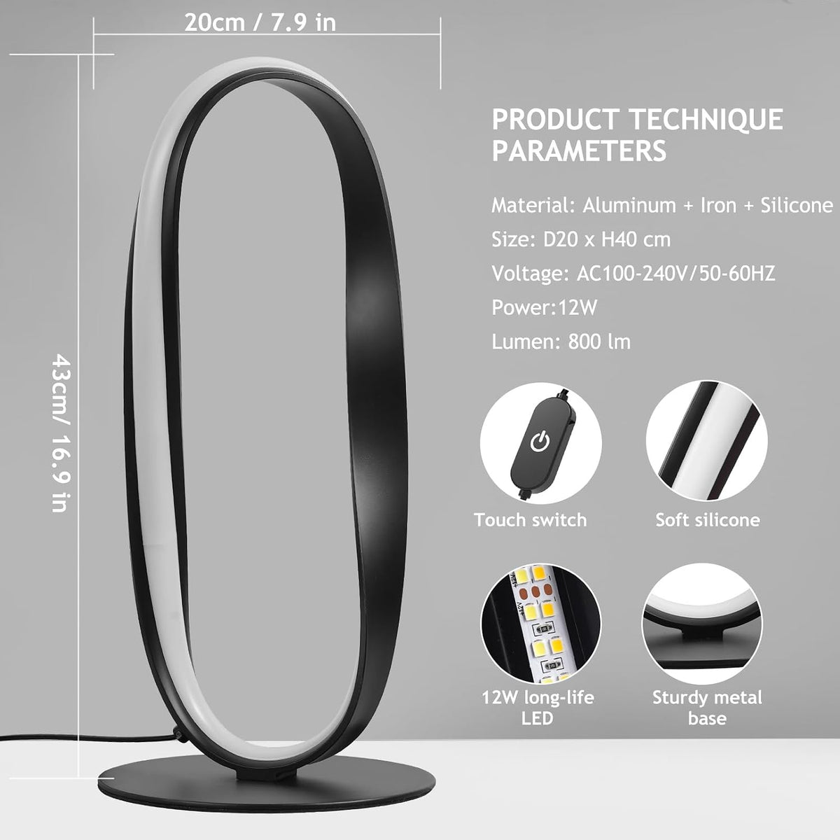 NUÜR Black Circle LED Table Lamp, 3 Color Temperatures, Dimmable