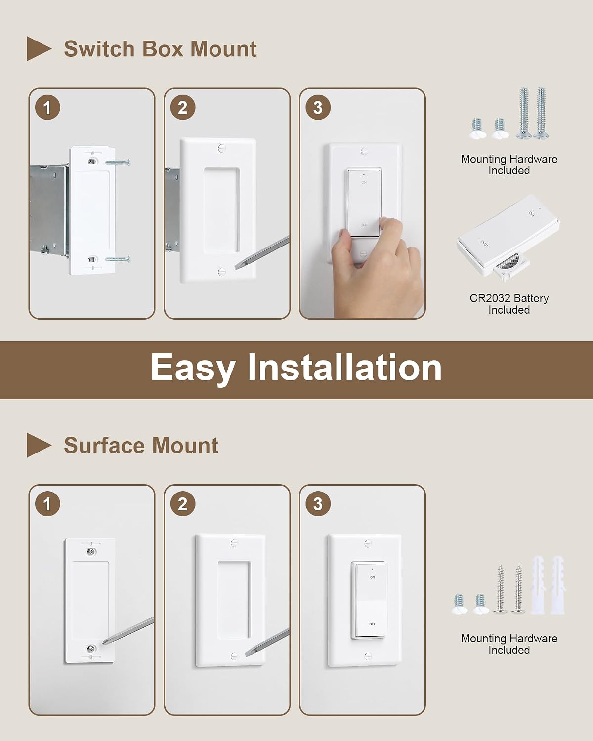 Remote Control Outlet Plug with Decorator Rocker Wall Switch | 200FT Wireless Range, Mini Round Plug, 15A/1875W, for Lamps/Lights/Household Appliances, FCC listed, Pre-Programmed