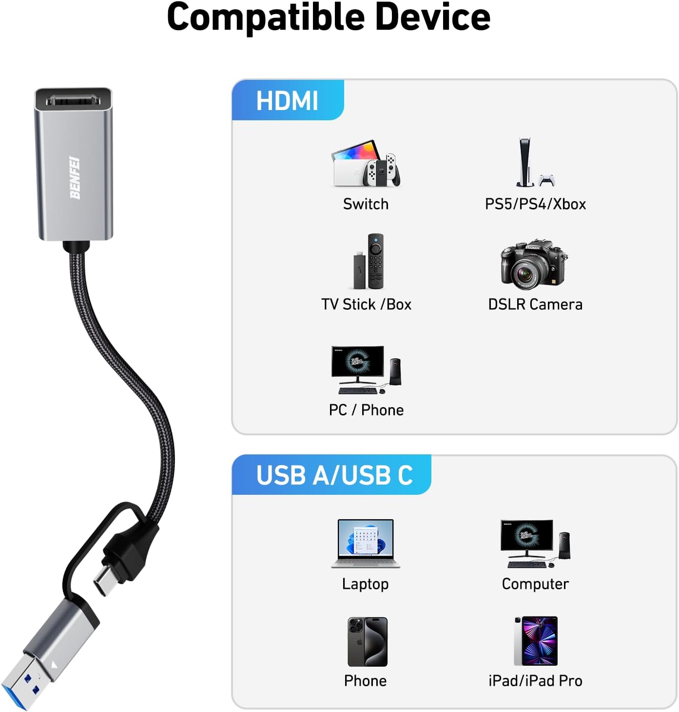 BENFEI Video/Audio Capture Card Supporting Full HD 1080P 60FPS for Streaming, Recording, Gaming, Compatible with Switch, PS4, PS5, Xbox, Work with PC/Windows/Mac OS