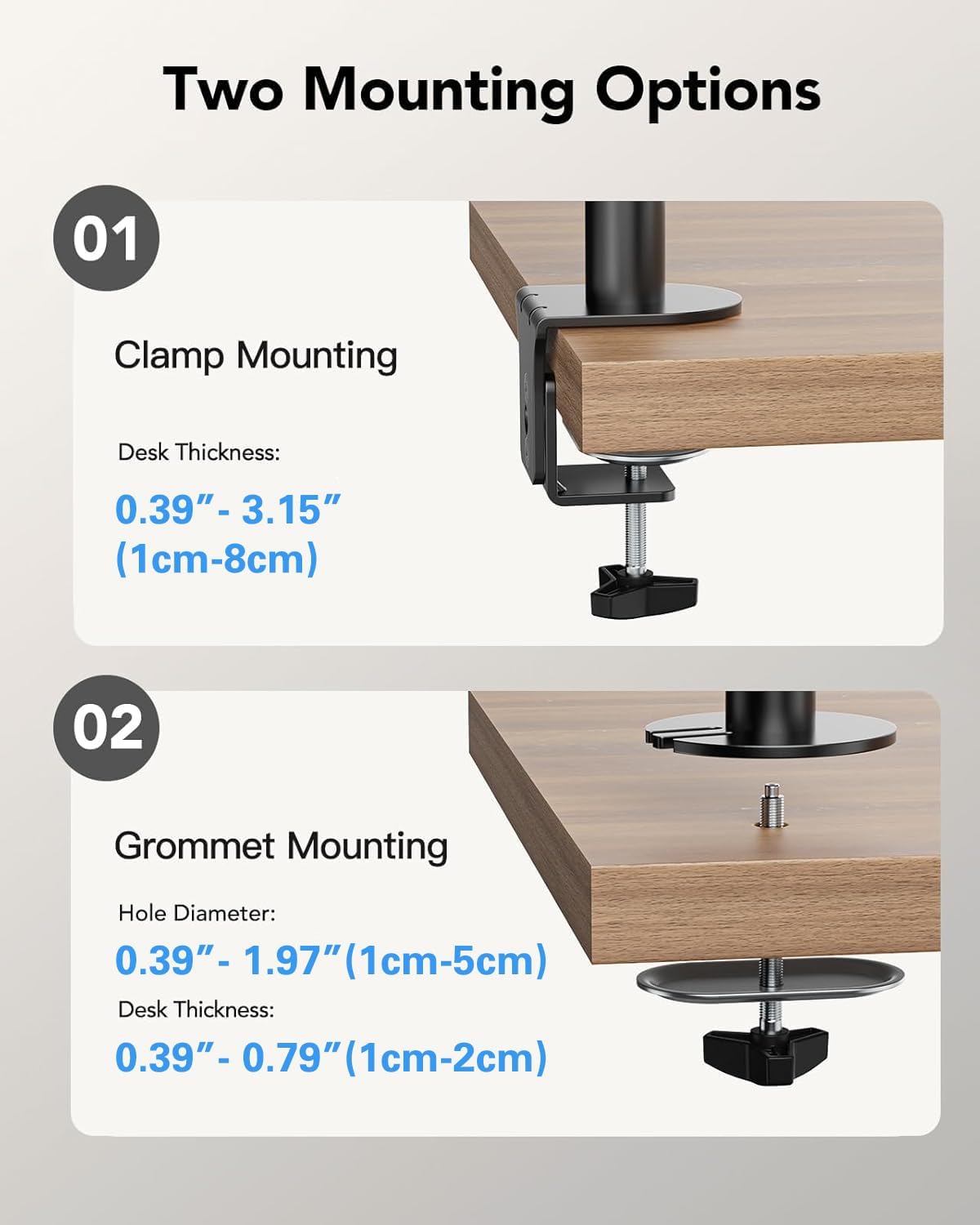 HUANUO Dual Monitor Mount for 13-32 Inch Screens, 17.6 lbs per Arm | Dual screen setup, tilt, swivel, rotation, 16.3 inch pole, cable clips, C-clamp or grommet, VESA 75x75/100x100mm