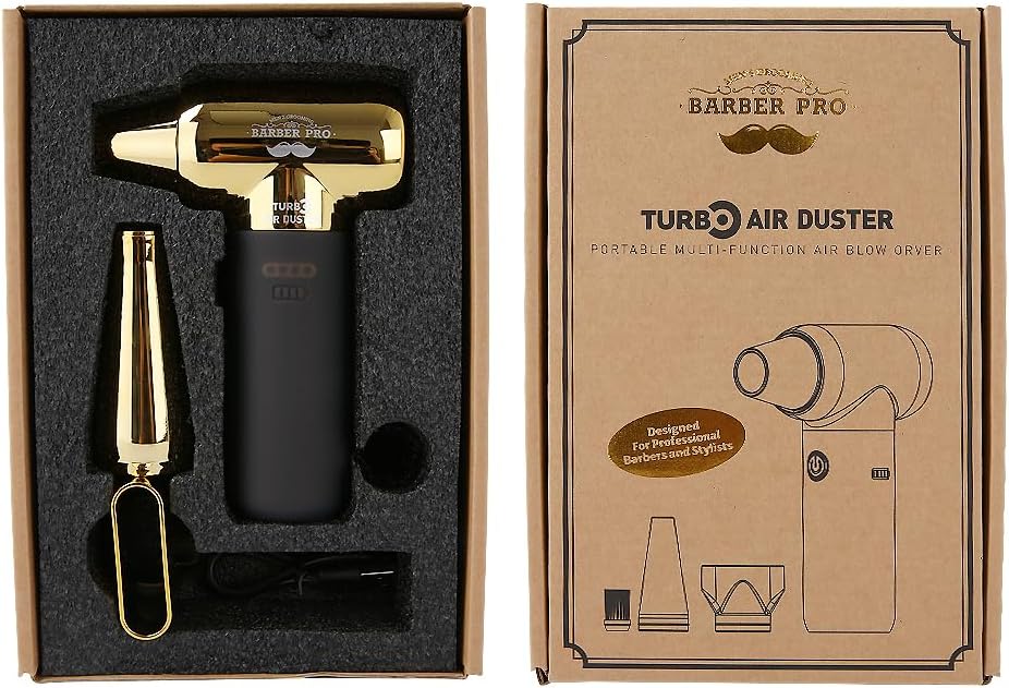 Compressed Air Duster - Electric Duster for Hair Barber, 3 Gear Mini Portable Jet Dry Air Blower, for PC, Office,Salon, Fan, Laptop, Keyboard, Car -Black Gold