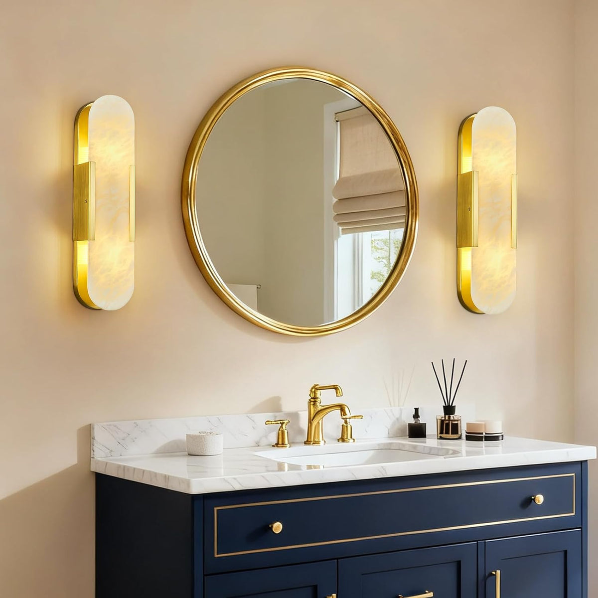 Natural Alabaster Wall Sconces, Modern Marble Gold Wall Sconce 20 inch Indoor Wall Lighting for Bedroom Bathroom Living Room Stairs (1-Pack)