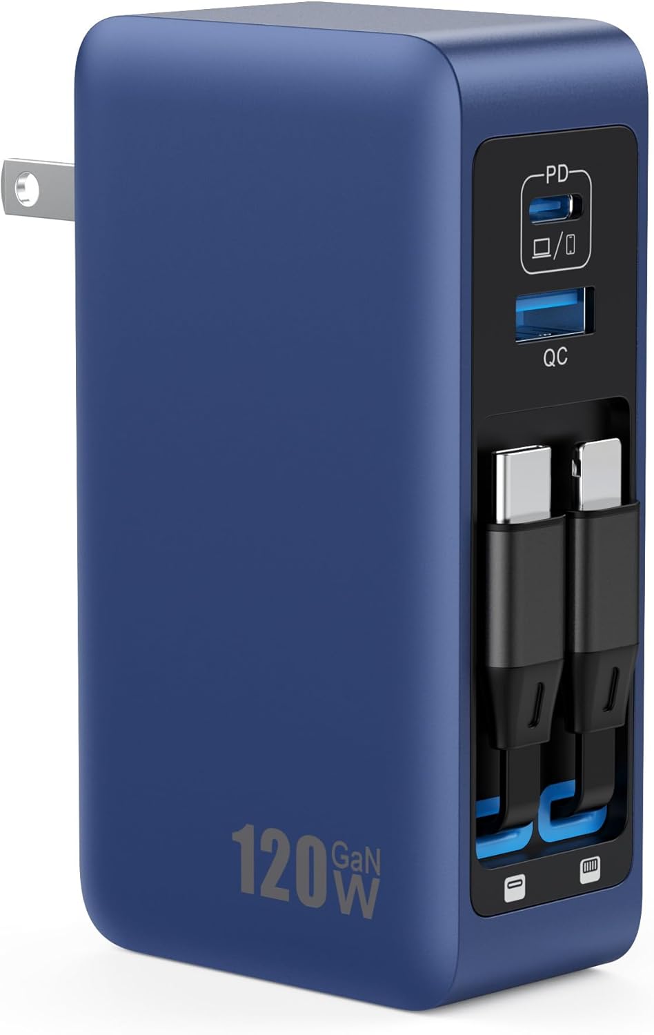 120W USB C Charger Block with 2 Built-in Retractable Cables,4-in-1 GaN IV Foldable Plug Wall Charger Fast Charging Station,PD 65W Laptop Adapter for MacBook/iPad,iPhone 17/16/15/14,Galaxy,Android etc