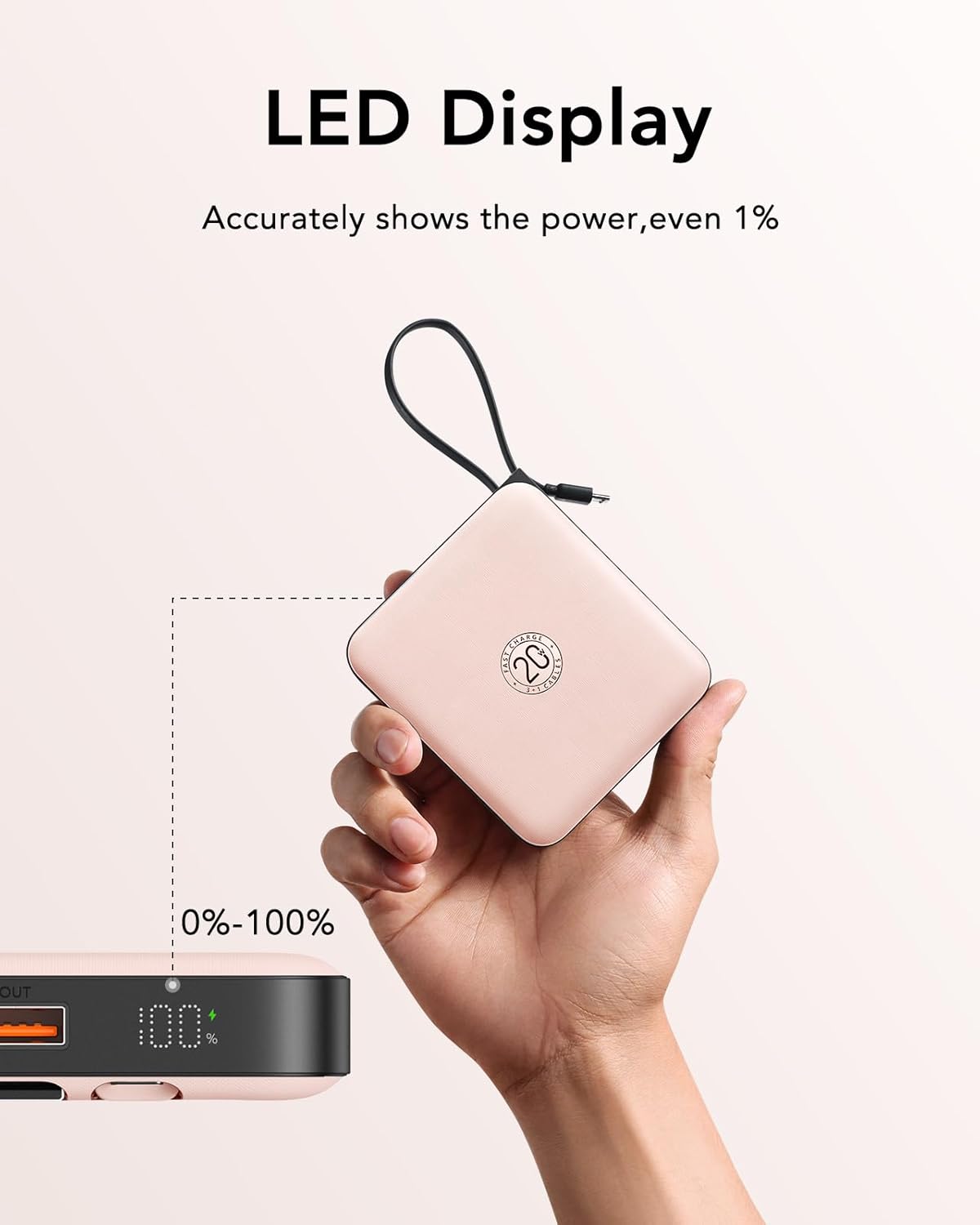 VRURC Portable Charger for iPhone Built-in Cables, 22.5W USB C Fast Charging 10000mAh Pocket Power Bank, Battery Pack for iPhone 17/16/15 & Samsung Galaxy Android Phone, Pink(1 Pack)