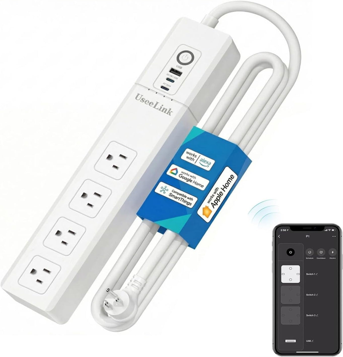 Smart Power Strip, UseeLink WiFi Surge Protector Compatible with Alexa & Google Home, Smart Plug with 4 USB Ports & 4 AC Outlets, Voice and Remote Control & Timer Schedule (Black)