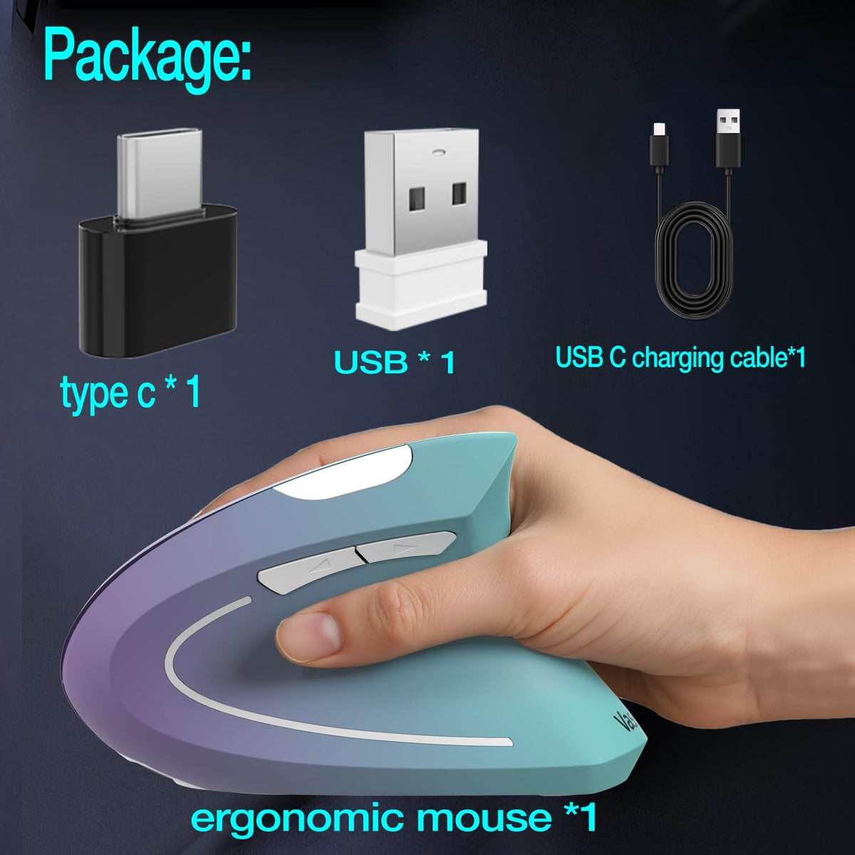 Vassink Ergonomic Wireless Rechargeable Mouse,USB A+TypeC(2in 1) Connection, 800/1200/1600 DPI, 6 Buttons,2.4GHz Carpal Tunnel Vertical Mice, for Laptop, Desktop,MacBook