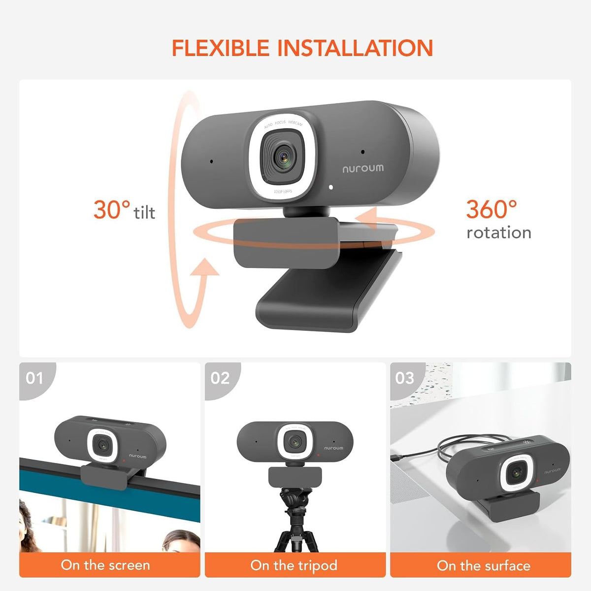 NUROUM V15AFL 2K Webcam with Ring Light for Streaming, Autofocus Webcam for PC w/Noise Cancelling Dual Mics, 1080P 60fps, 75° FOV&Lightweight, USB Web Camera Plug&Play for Zoom/Teams/OBS/Xsplit, Grey