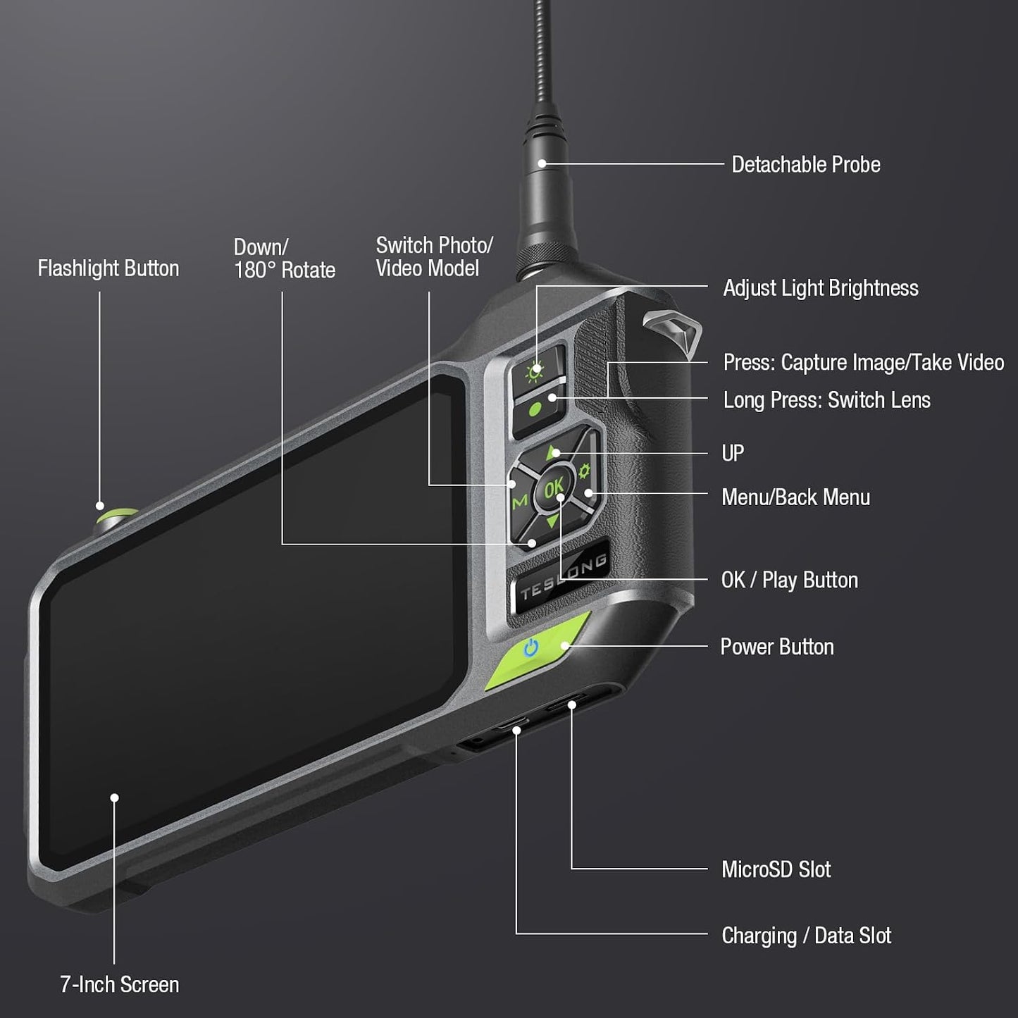 Teslong NTS700 Triple Lens Borescope with 7" 720P IPS Screen | 16.5FT Replaceable Gooseneck for Automotive HVAC, 1280x720 HD Display, 8+1+1 LEDs, IP67, 6000mAh, 32GB, 5FT, Hard Case
