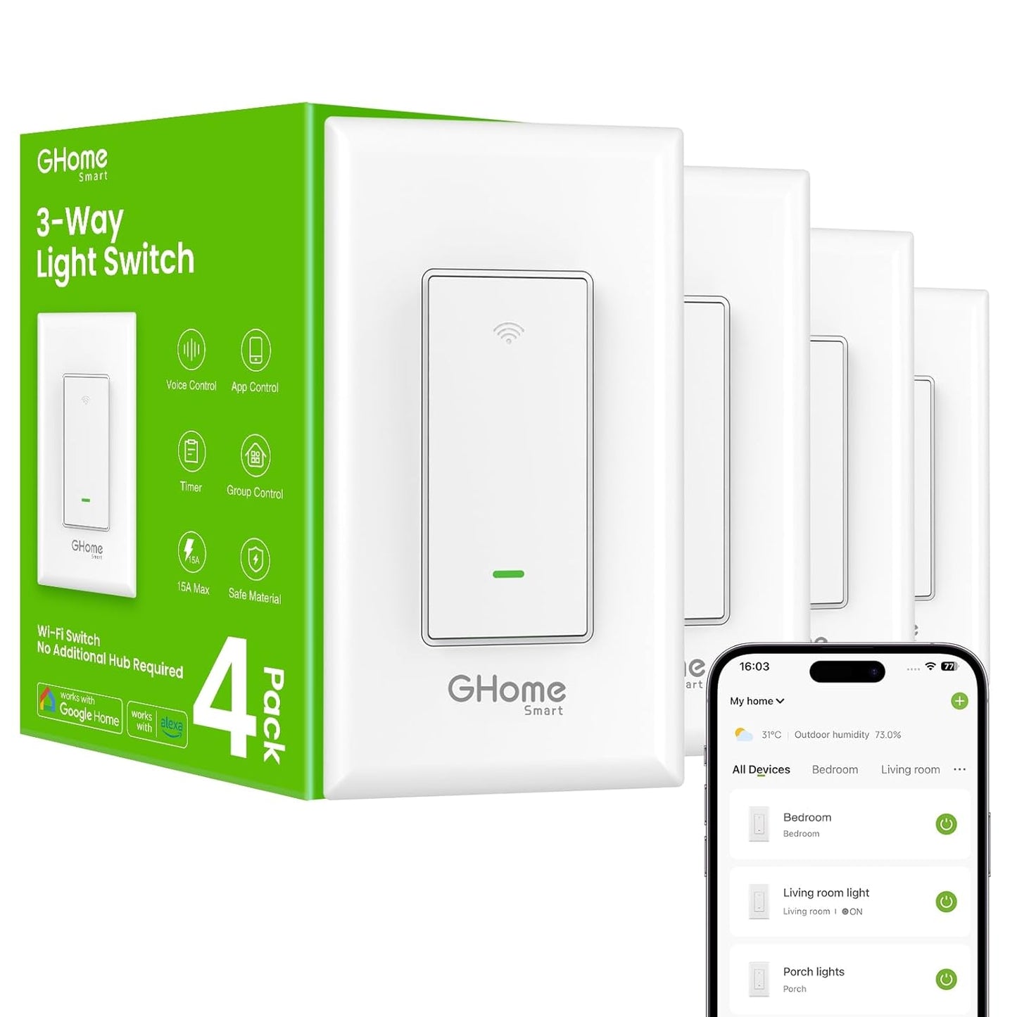 GHome Smart Switch, 3 Way Light Wi-Fi Switch Compatible with Alexa and Google Home, 2.4GHz Schedule Timer, Neutral Wire Required, 3-Way Installation and No Hub Required, FCC Listed (2-Pack), White