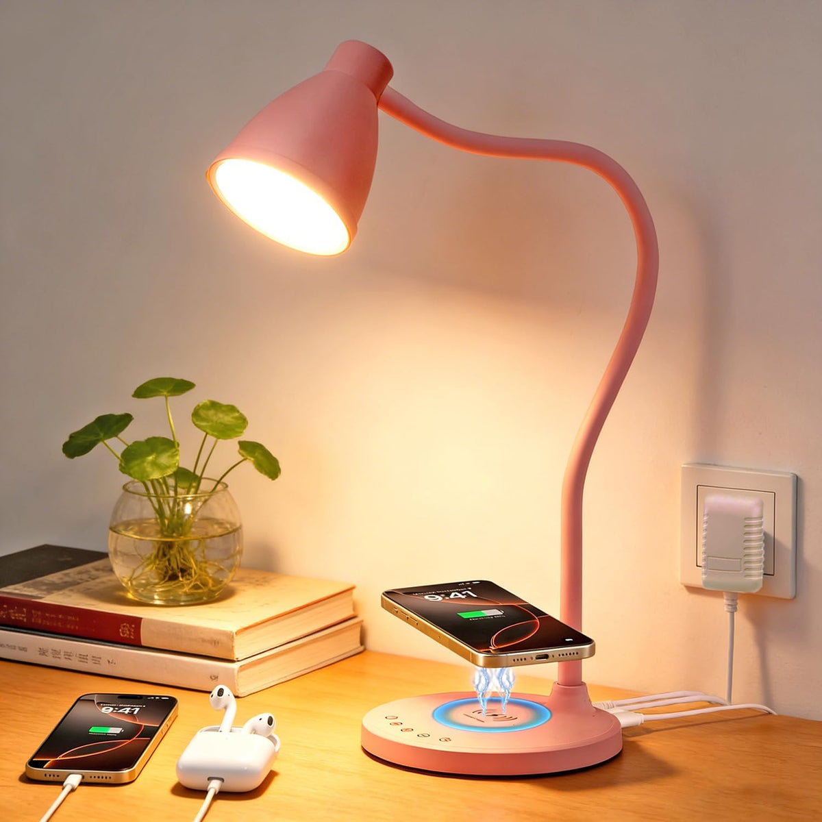 BOHON Desk Lamp for Home Office with USB C+A Charging Ports Timer Black | LED Desk Light with Wireless Charger 5 Colors Stepless Dimming Reading Light Touch Bedside Table Lamp for College Dorm Room