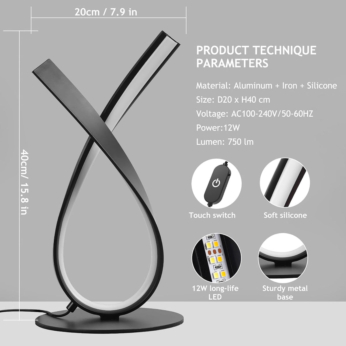 NUÜR Black Spiral LED Table Lamp, Stepless Dimmable Bedside Lamp
