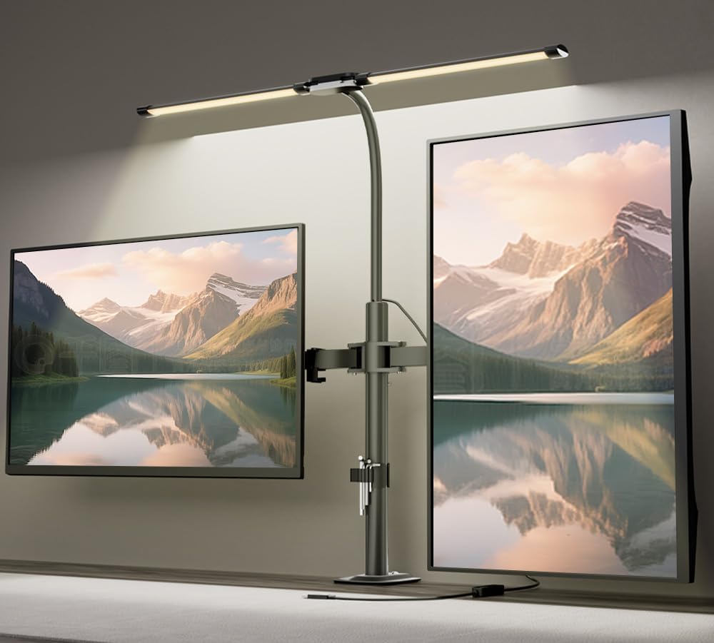 Dual Monitor Stand with LED Desk Lamp,Dual Monitor Mount for Desk Holds up to 30 Inches Screens, Supports 19.84 lbs per Monitor Arm, Swivel, Rotate and Tilt 2 Monitor Desk Mount
