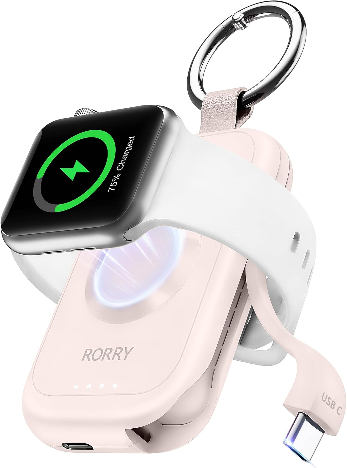 RORRY CharmGo for Apple Watch Charger, 2500mAh Portable Charger for iWatch | Fast Charging Travel Keychain Charger with Built-in USB C Cable for Apple Watch Ultra Ultra Series 11 10 9 8 7 6 3 2