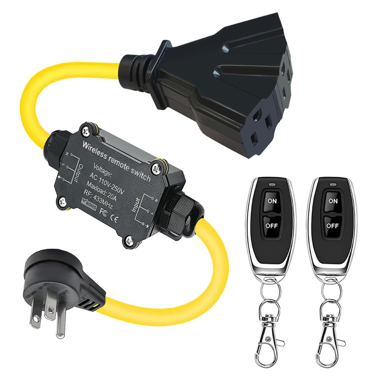 Outdoor Wireless Remote Control Outlet Plug,AC110V Waterproof Remote Control Power Switch,AC110V/120V/250V/20A Heavy Duty Smart Outlet,164FT Range,Suitable for Lamps,Electrical Equipment,etc